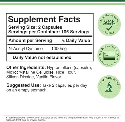 Miniatura 2 de Suplemento NAC N-acetil cisteína (1,000 mg por porción, 500 mg por cápsula, 210 cápsulas) (probado por terceros) con tecnología de enmascaramiento