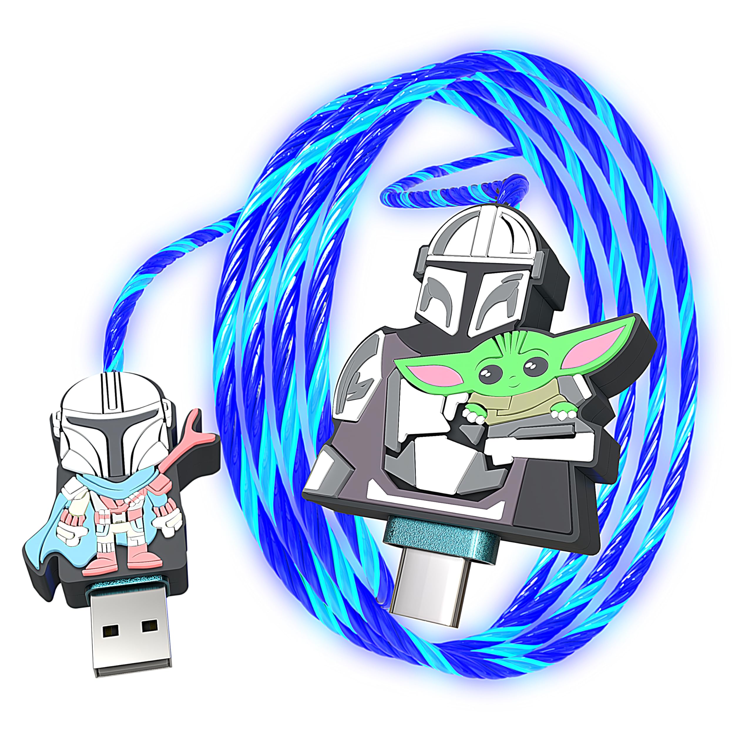 Baby Yoda 3ft USB Type-C Cable with LED Flowing Light - Compatible with Samsung Galaxy S10/S10E/S9/S8 Plus, Note 10/9/8, Moto Z, LG G8, and More (Mando)