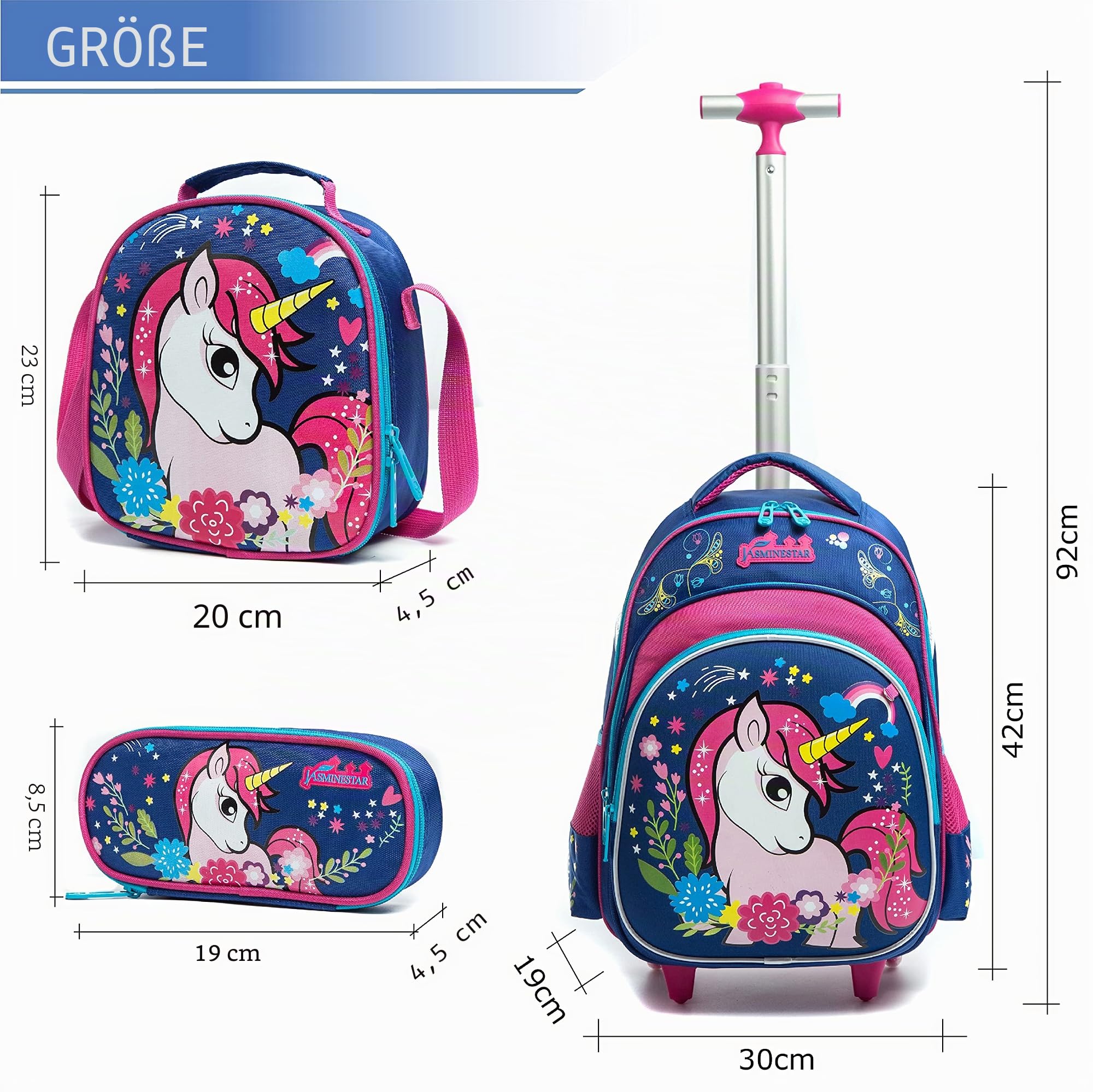 HTgroce Einhorn Schulranzen Rucksack Trolley mit 2 Rollen für Kinder Mädchen,Nylon,Kinder Schultrolley Geeignet für Schule und Reise,Mit Essensbeutel und Federmäppchen