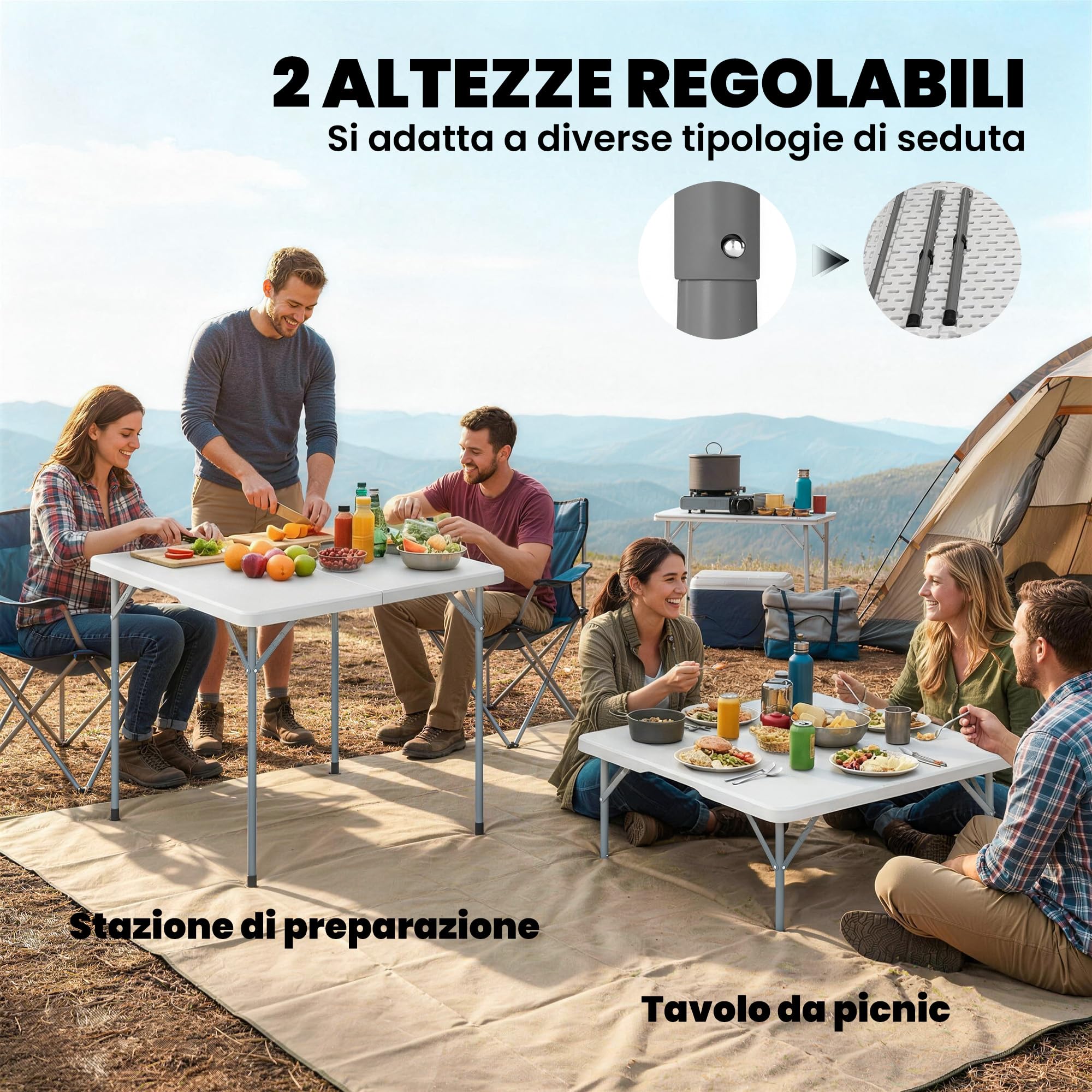 Outsunny Tavolo da Campeggio Pieghevole Quadrato 86x86x74 cm Bianco