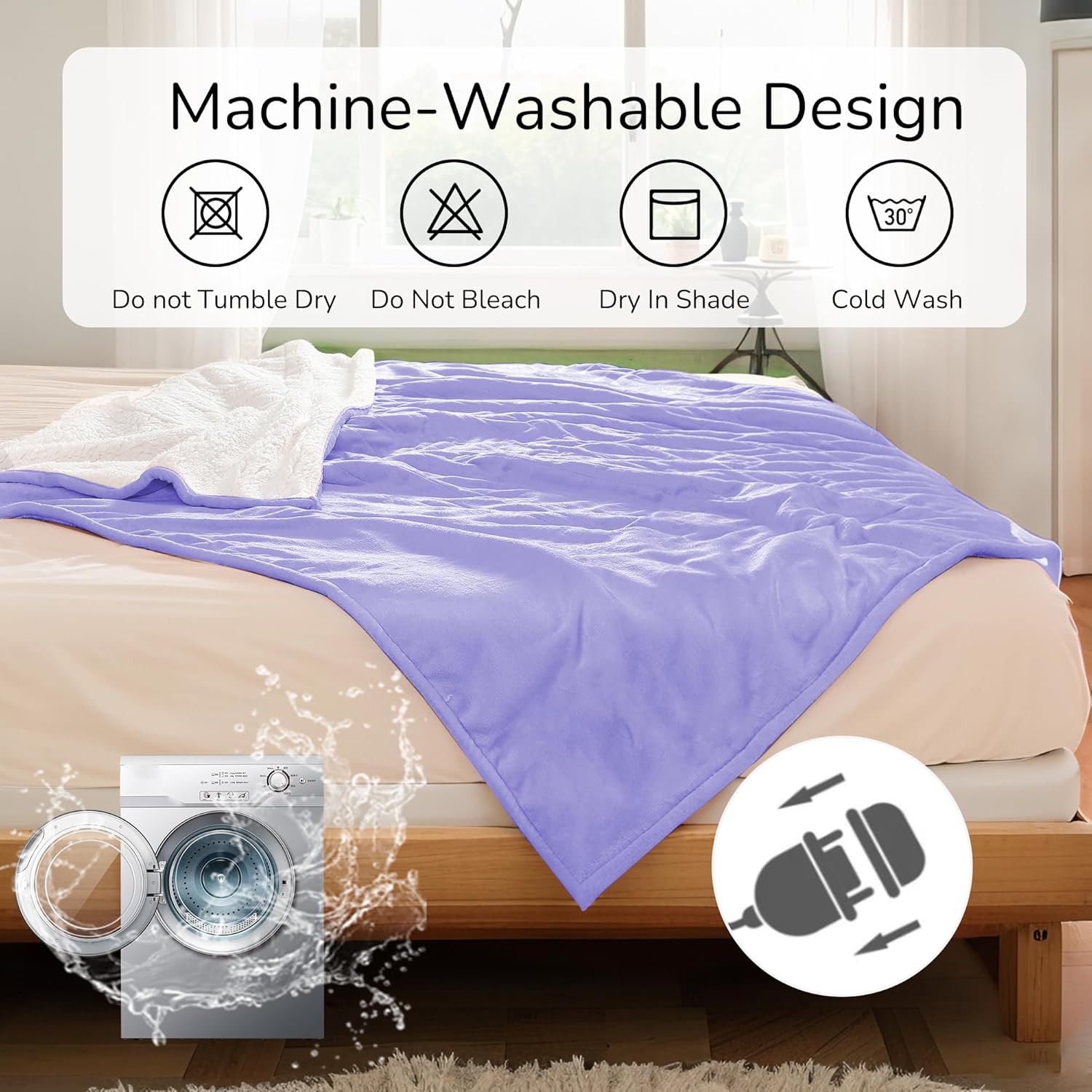 Electric Heated Blanket King Size 90"x100" - Dual-Sided with Microplush & Sherpa Fabric, 4 Heat Settings & 10 Hours Auto Off, Dual Controller, Machine Washable - Light Purple - Image 4