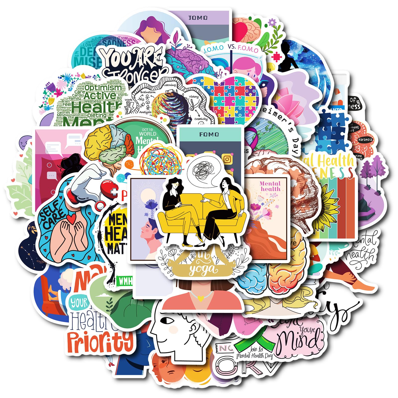 Tuyatezhi Boys Multicolor 50 Pcs Graffiti Mental Health Stickers For Water Bottles, Bicycles, Skateboards, Computers, Walls, Vinyl, Waterproof, Reusable