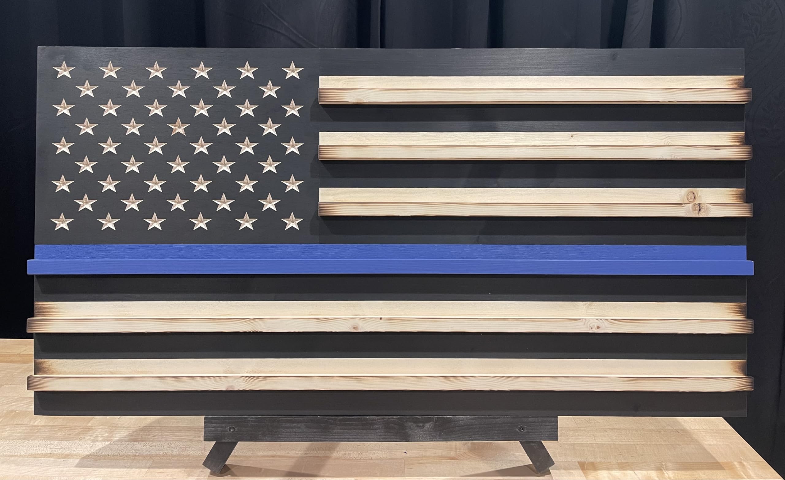 Extra Large Thin Blue Line American Flag - Rustic Challenge Coin Display 20x36 Inches