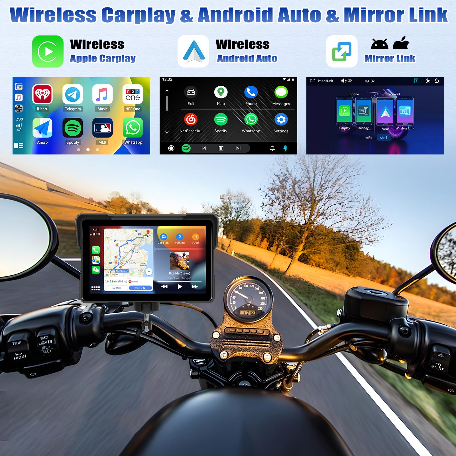 [2025] CAMECHO 7 Pulgadas Inalámbrico Moto Carplay Android Auto, IP67 Impermeable HD Pantalla Táctil GPS Display para Motos con Doble Bluetooth +EQ Airplay Android Cast Siri, G00gle Assistant - 3