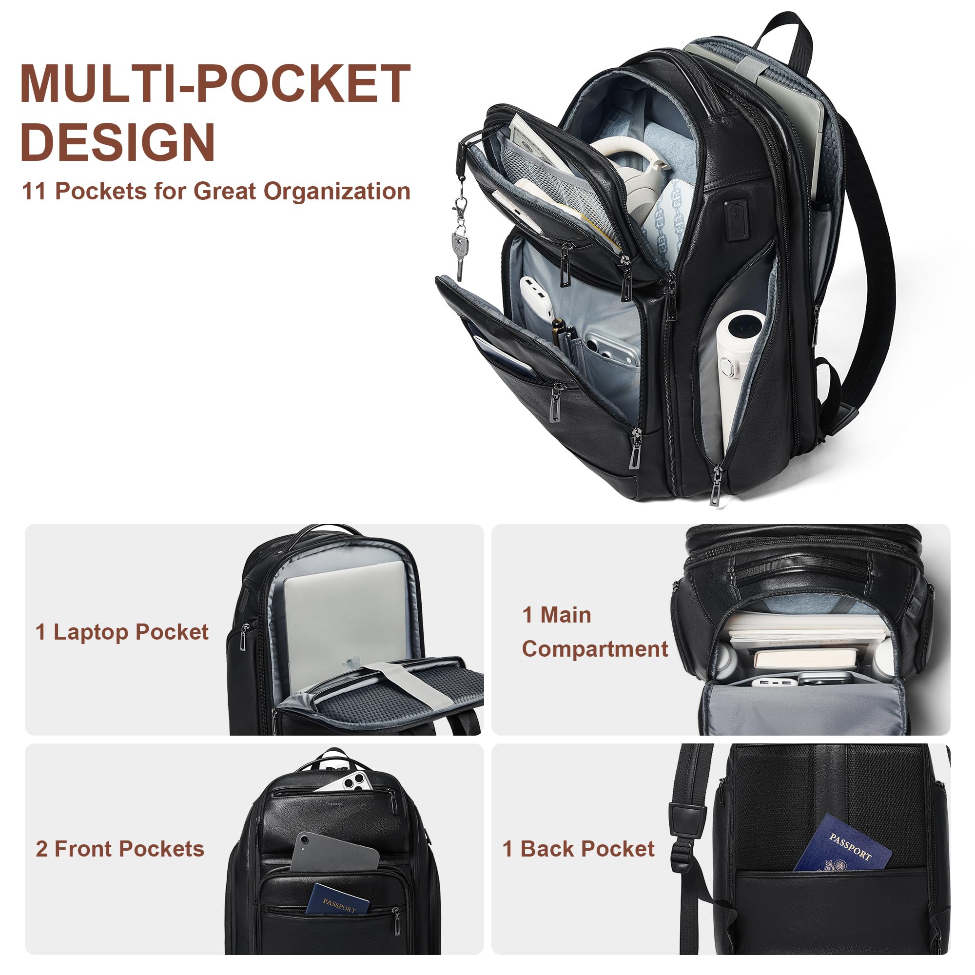 Veganer Lederrucksack, 40L Checkpoint-freundlicher Reiserucksack für Damen und Herren, geeignet für 17-Zoll-Notebook, mit Koffergurt und USB-Anschluss, Schwarz Laptop-Rucksäcke