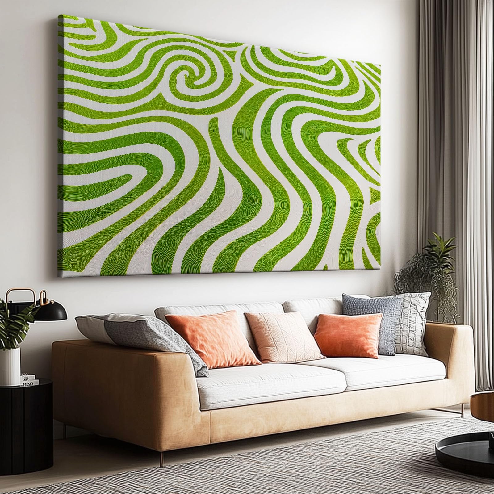 Genérico Cuadro Lienzo Decoracion Moderno Grande Rayas Verdes Onduladas 100x75cm Cuadros Decorativo con Marco, Cuadro Pared para Salon Dormitorio Baño Pasillo Hogar