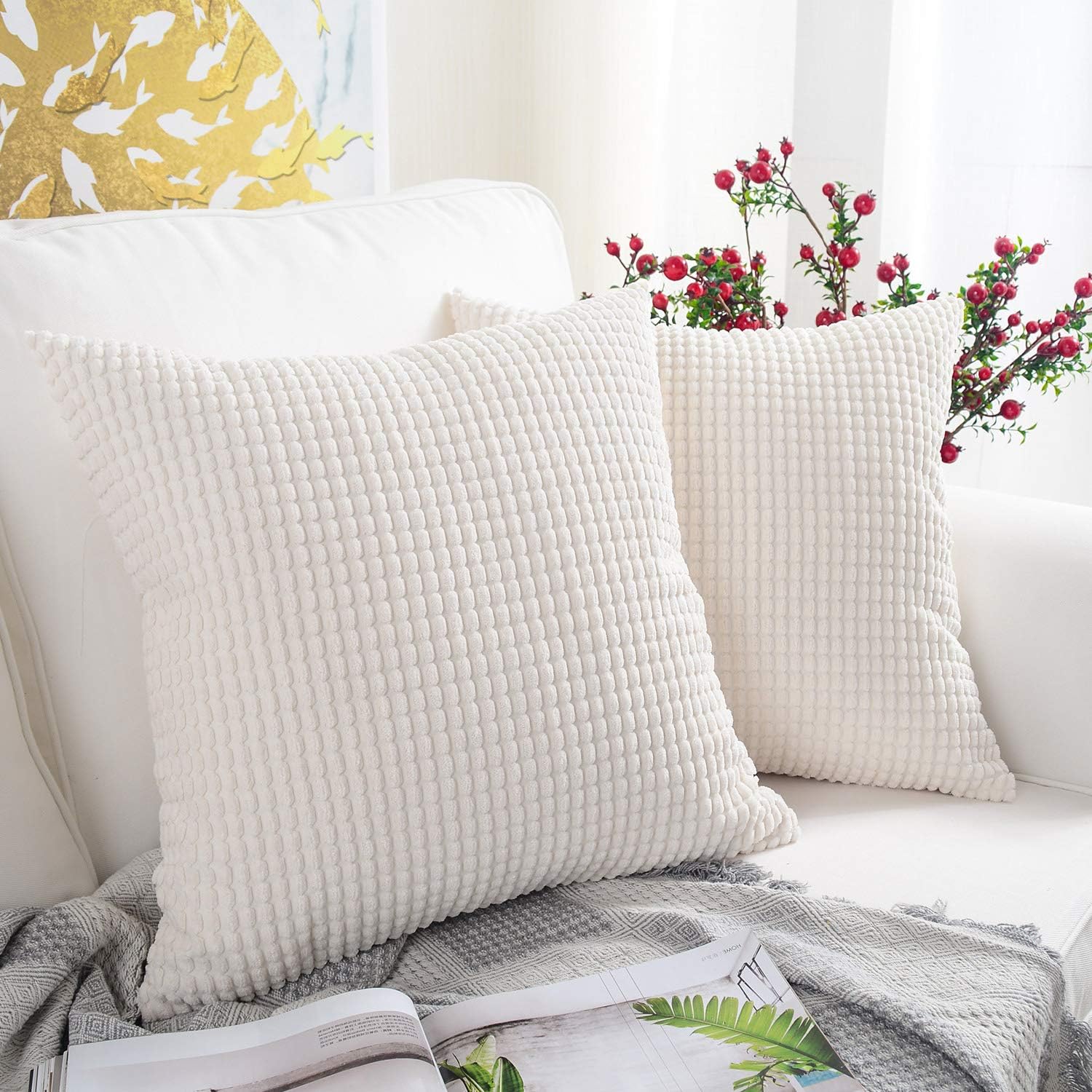 MERNETTE Pack of 2, Corduroy Soft Decorative Square Throw Pillow Cover Cushion Covers Pillowcase, Home Decor Decorations for Sofa Couch Bed Chair 20x20 Inch/50x50 cm (Granules Cream White)