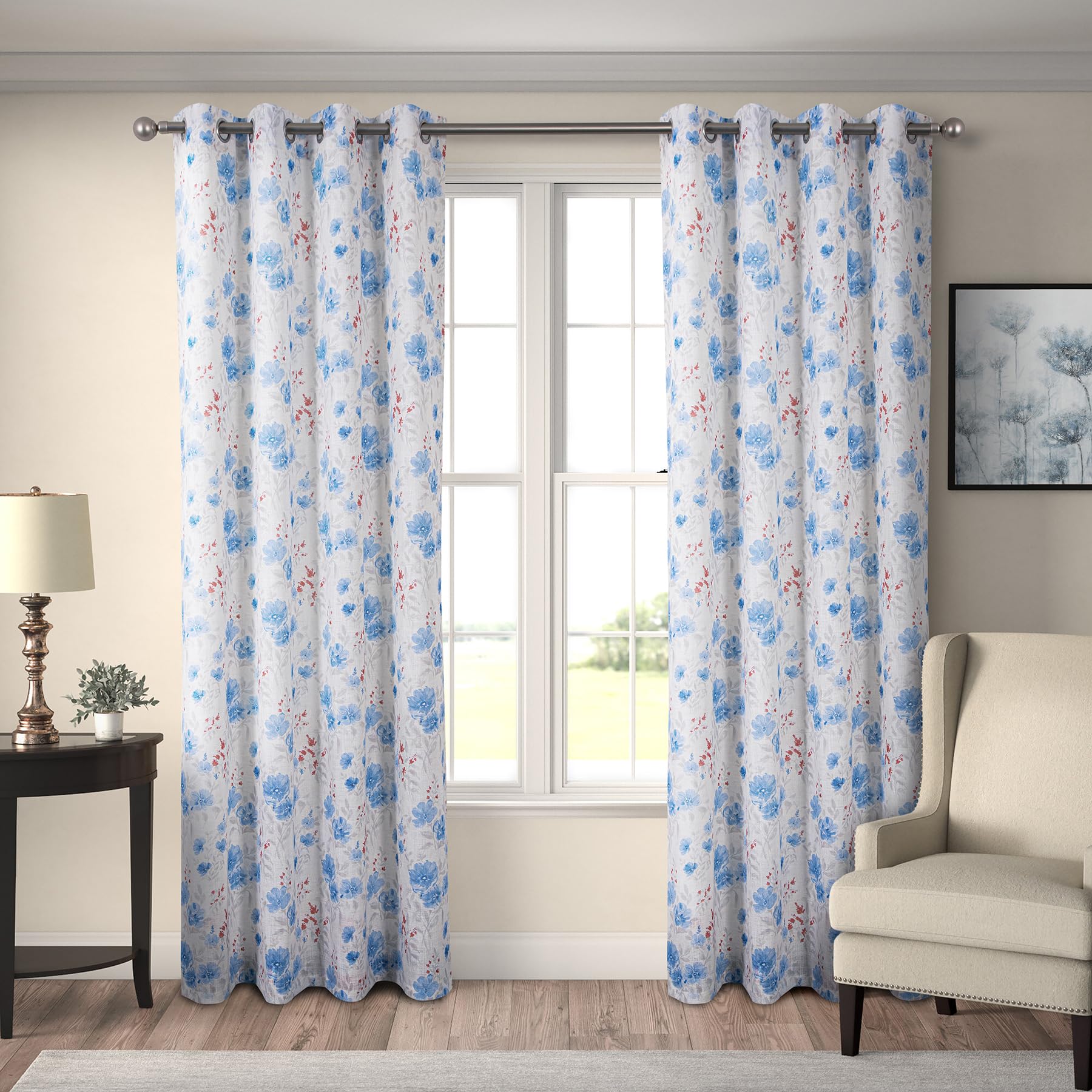 always4u Linen Look Curtains Semi-sheer Eyelet Printed Curtains Light Blue Floral Window Treatments for Living Room Bedroom Decoration Modern Textured 1 Pair W46 x L54 Inches - Image 2