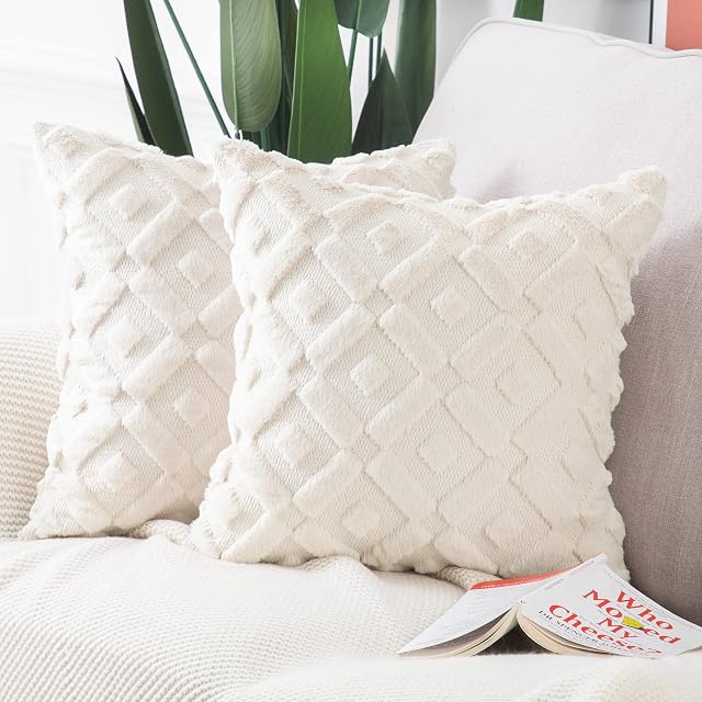 Madizz Pack of 2 Soft Plush Short Wool Velvet Decorative Cushion Covers Luxury Style Throw Pillow Cases Pillow Shell for Sofa Bedroom Square Beige 18x18 inch