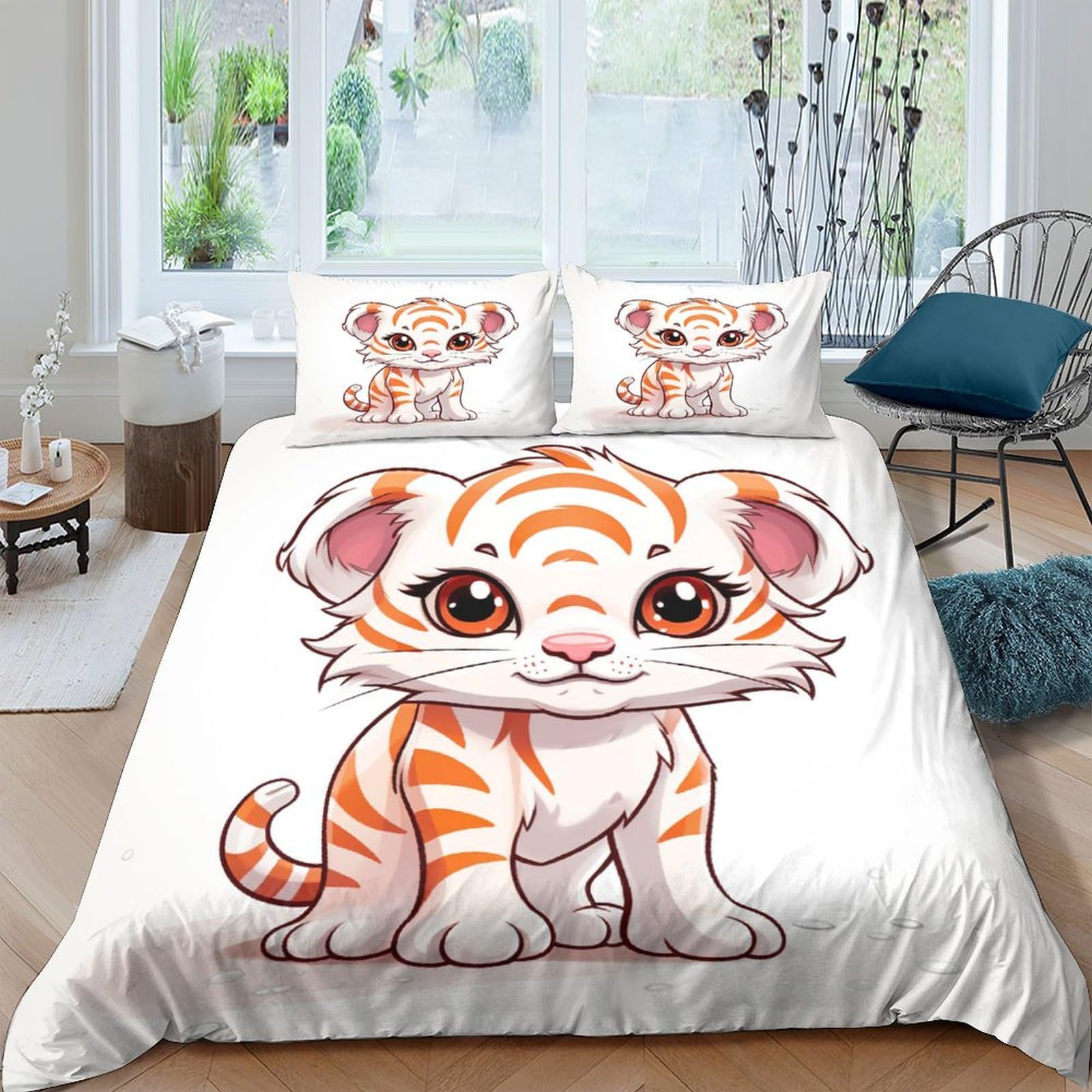 Housse de couette tigre blanc lit double parure de lit zippée microfibre