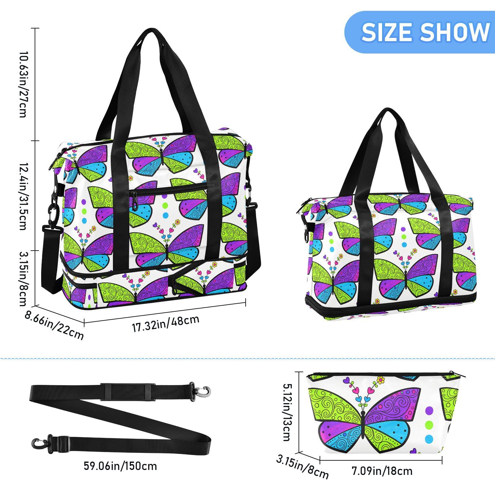 Wodoodporny duży bagaż podróżny bohema fioletowy motyl weekendowy/nocny torba z regulowanym paskiem na wędrówki