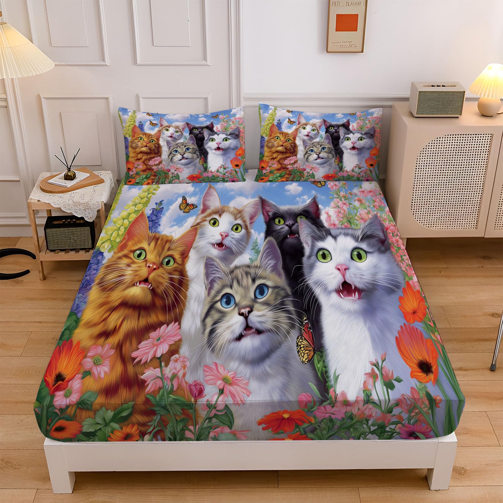 Sábanas 200X190/200Cm - Juego De Sábanas 3 Piezas Estampadas Lindo Gato - Microfibra Suave Transpirable - Sábana Bajera Ajustable - Ropa De Cama Jardín De Ensueño (Azul Cielo)