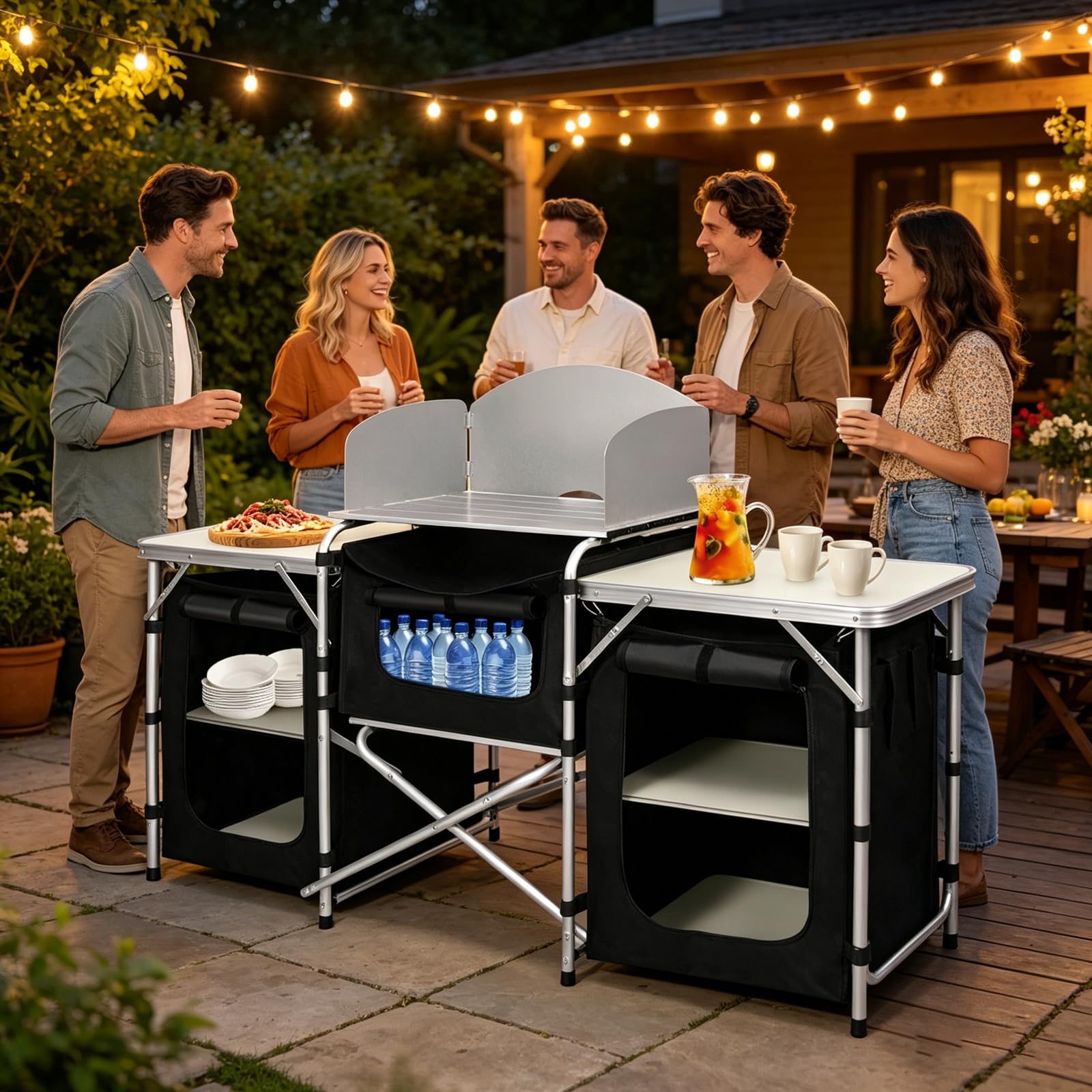 Faltbare Campingküche mit Aluminiumgestell, 5 Fächer & 3 Tischflächen, Stabiler Campingschrank aus 600D Oxford-Stoff, Windschutz Outdoor Küchenbox mit Tragetasche - Typ A