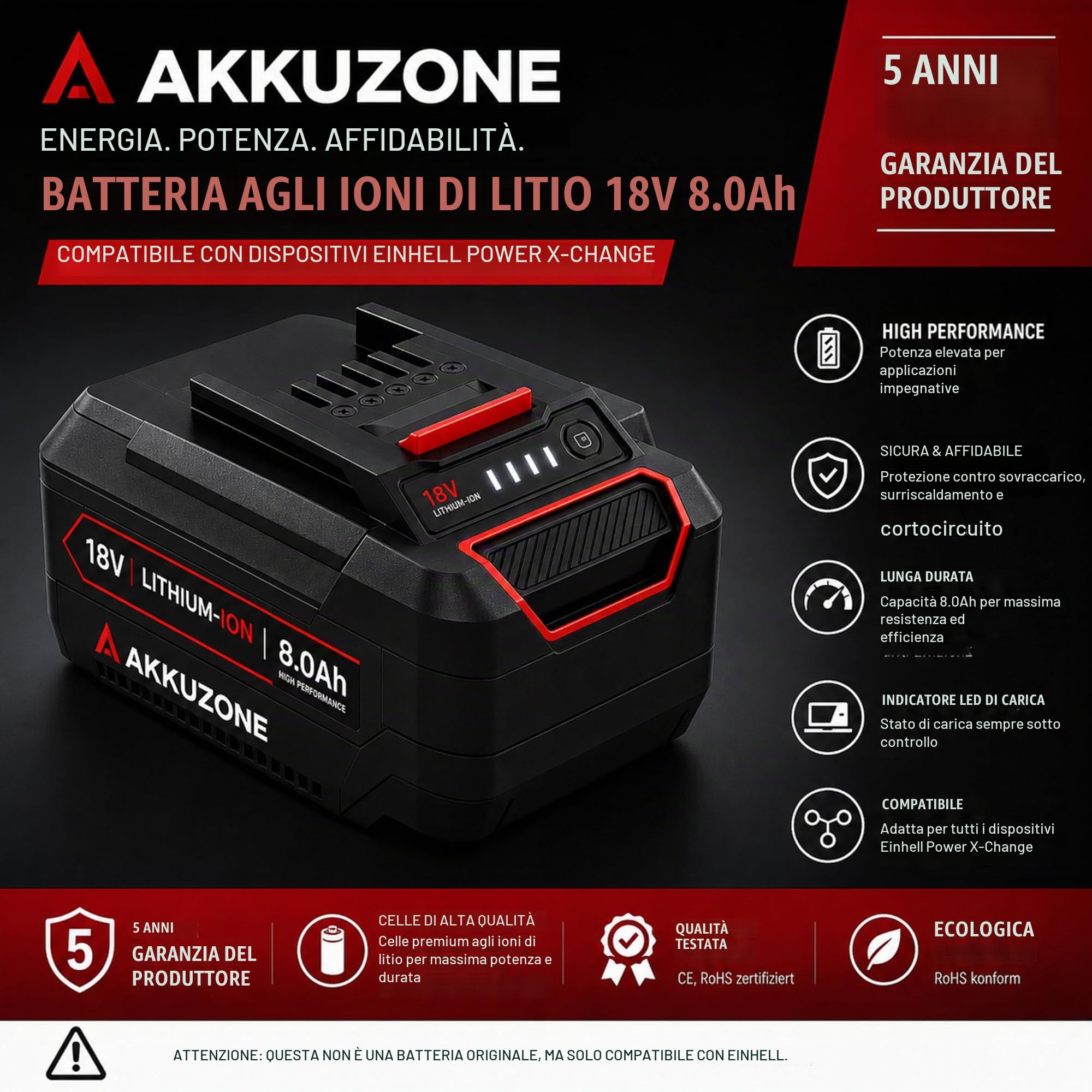 Batteria da 18 V, 8,0 Ah, compatibile con Einhell Power X-Change, batteria di ricambio agli ioni di litio con indicatore LED dello stato di carica e sistema di gestione della batteria