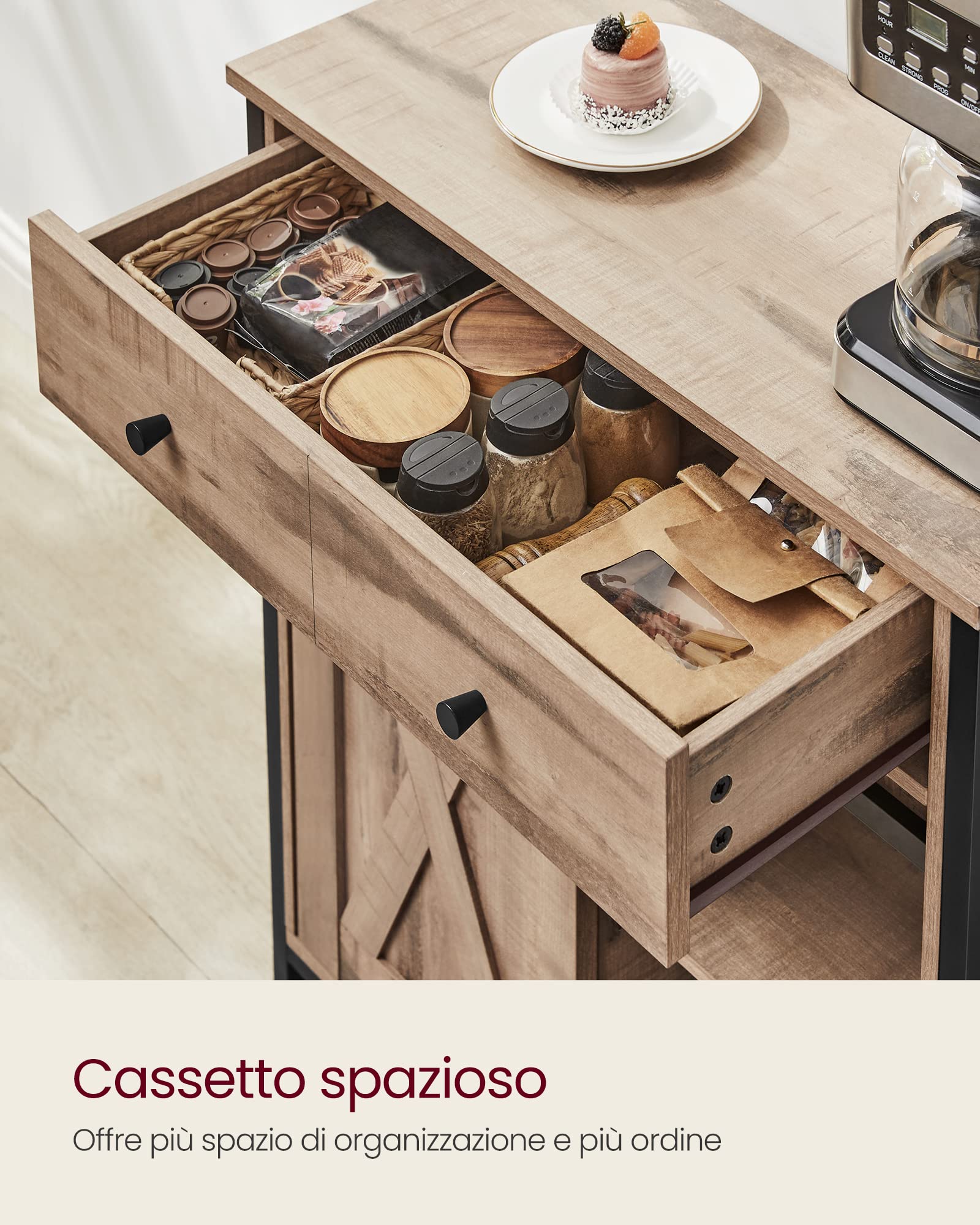VASAGLE Credenza, Mobile da Cucina, Portaoggetti, con Anta Scorrevole, 30 x 70 x 80 cm, Ripiano Regolabile, Stile Country, per Soggiorno, Marrone Rovere e Nero LSC100B50