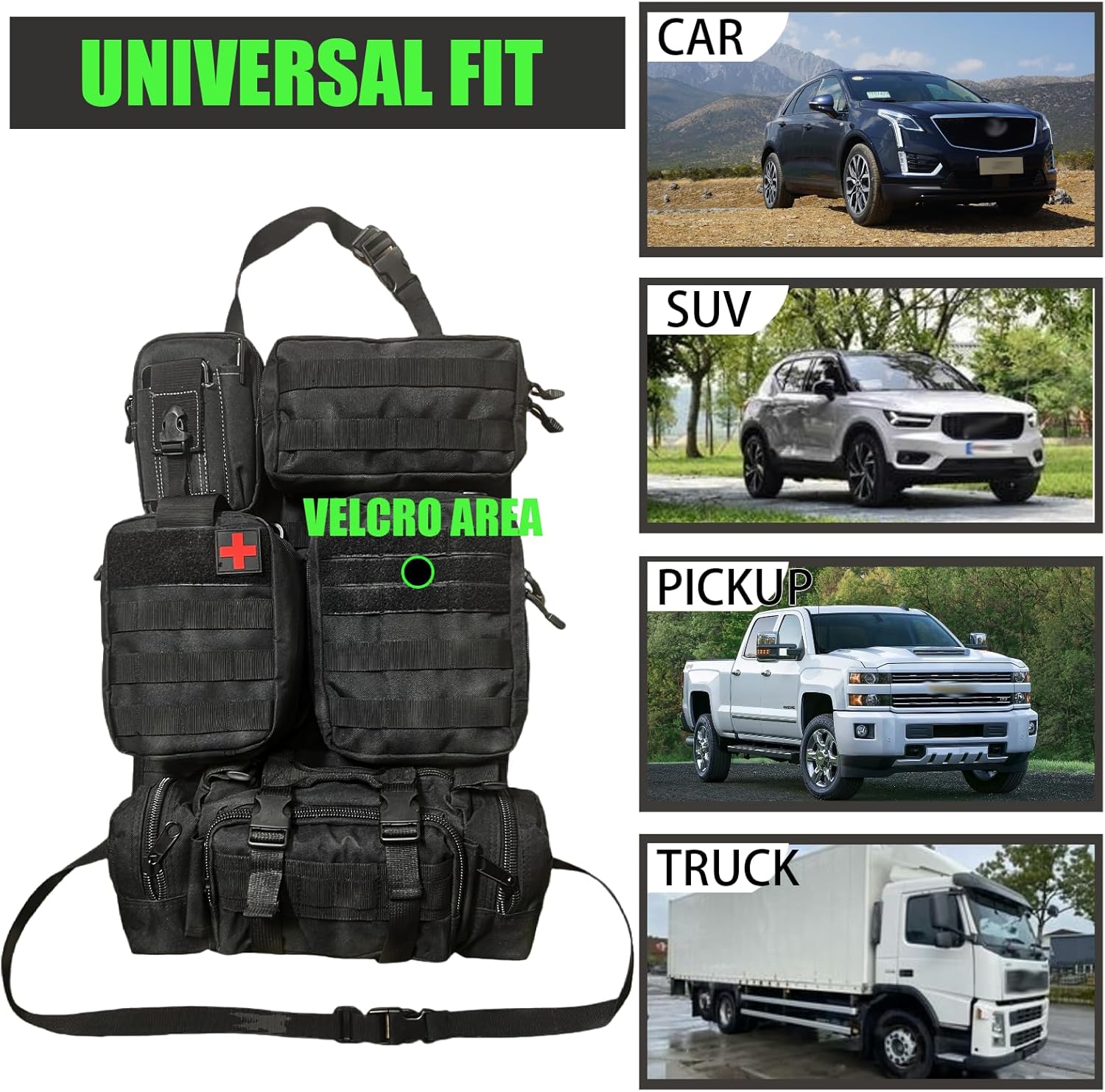 7 PACK Tactical Car Seat Back Organizer With 5 Detachable Pouches Upgrade Tactical Molle Vehicle Panel Organizer Universal fits for Most of Car Truck Ford Jeep Vehicle