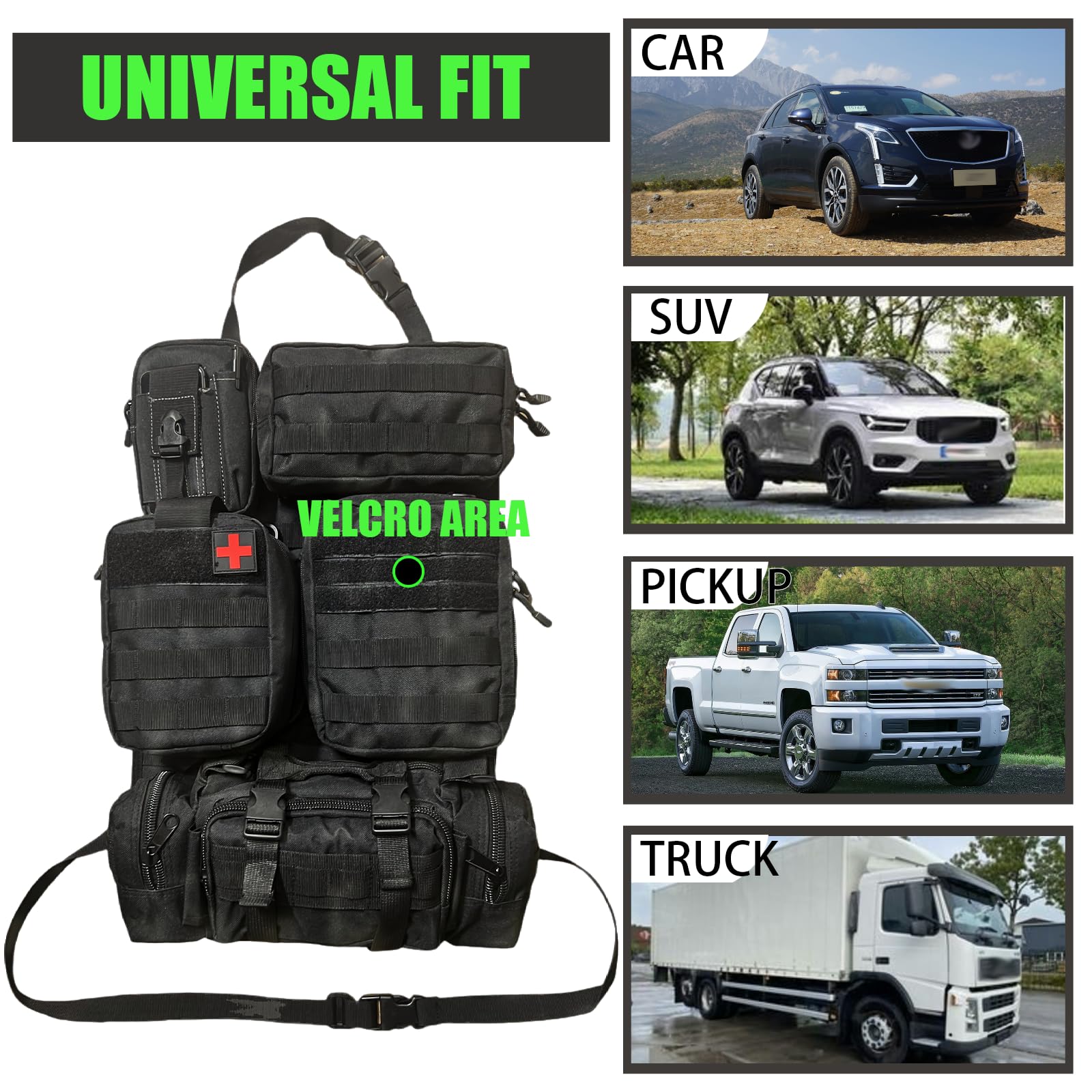 Taktischer Autositz-Rücksitz-Organizer mit 5 abnehmbaren Taschen, Upgrade taktischer MOLLE-Fahrzeug-Organizer, universell passend für die meisten Autos, LKWs, Ford-Jeep-Fahrzeuge