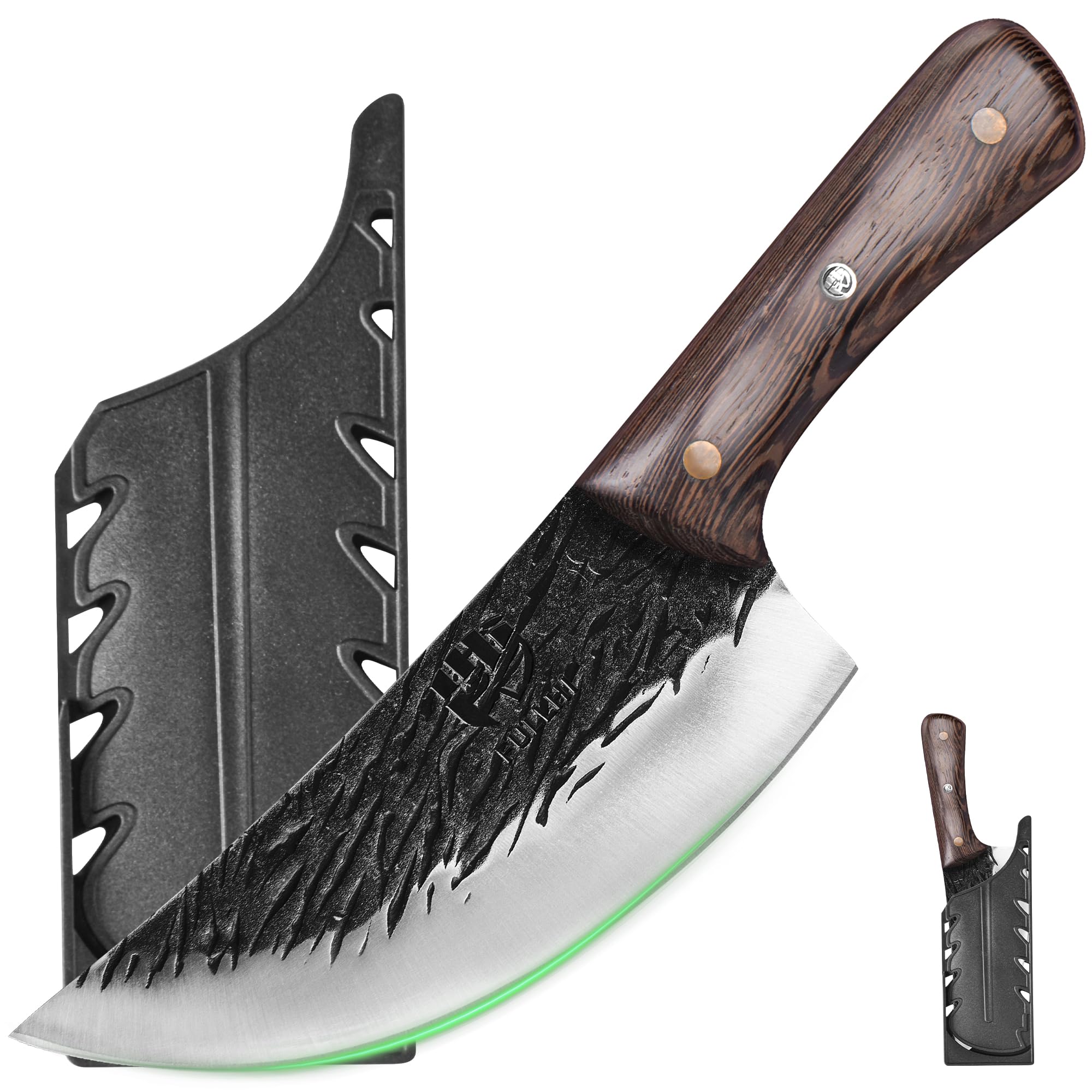 FULLHI Manico in legno Mannaia per carne pesante con fodero 2 pezzi, affettatrice in acciaio ad alto tenore di carbonio per la casa, il campeggio e il barbecue (Marrone, 17cm)