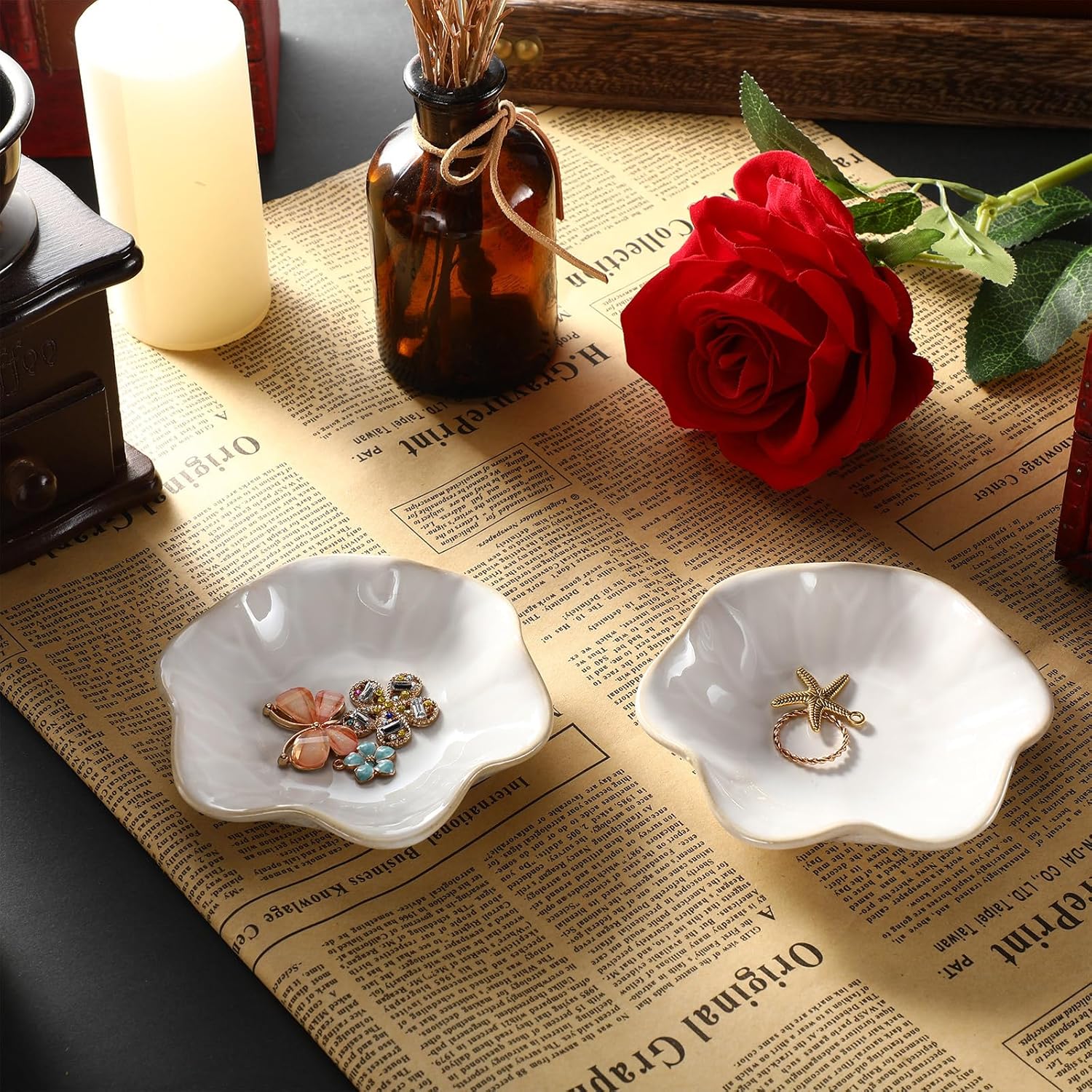Teenyyou 8 Pcs Ceramic Jewelry Dish Bulk Trinket Jewelry Tray Lotus Leaf Small Ring Dish for Earrings, Rings, Key Bowl(White)