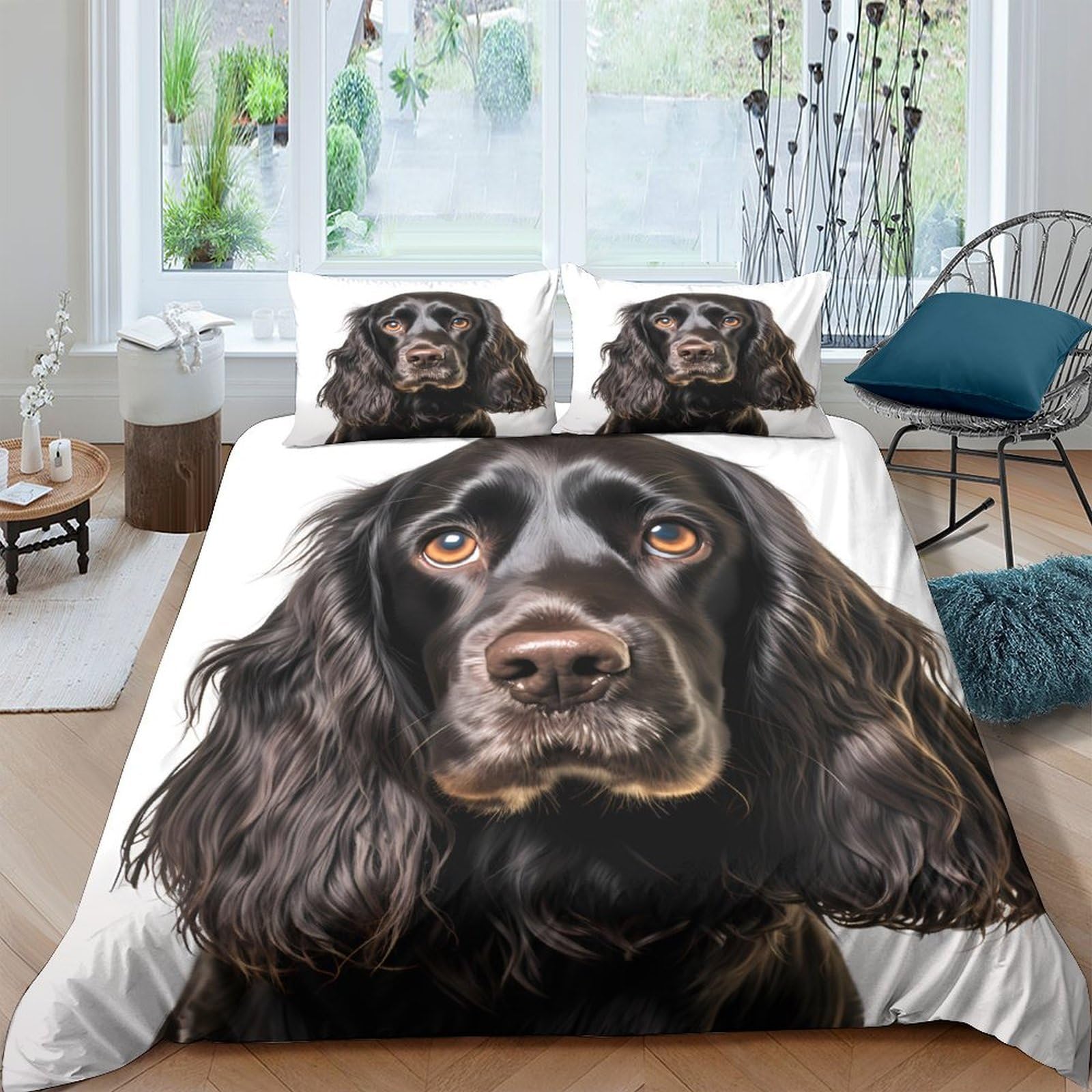 Ctjqhvkz Style-8 3D Printed Black Dog Fitted Sheet Microfiber Soft Bedroom Decor Realistic Spaniel Mattress Cover Washable Single（135X200cm）
