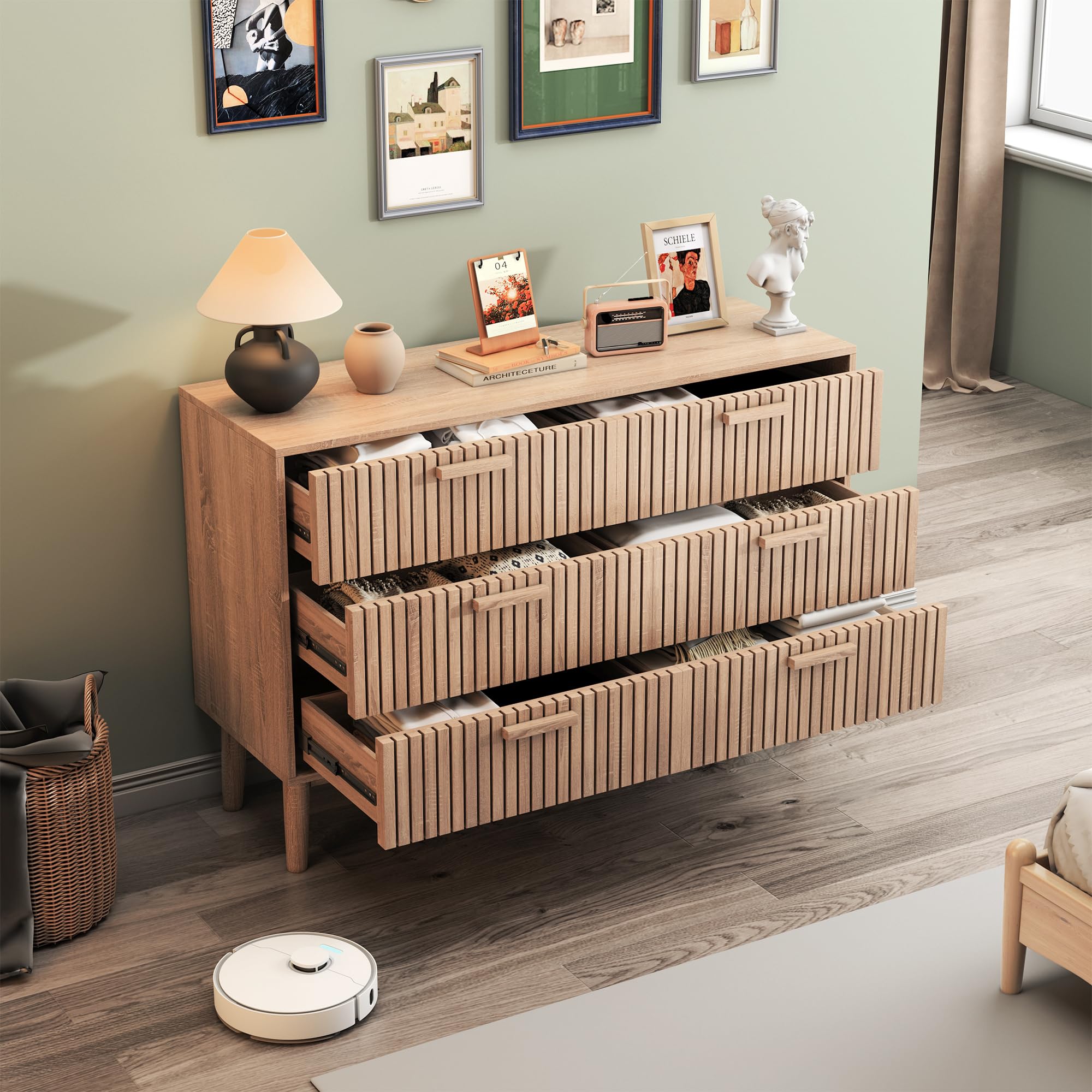 Cómoda con 6 cajones, 100 x 34 x 73 cm, aparador de Madera, Mueble con cajones de Gran Capacidad para salón, Dormitorio, diseño Lineal (Color de Madera Natural, Seis cajones)
