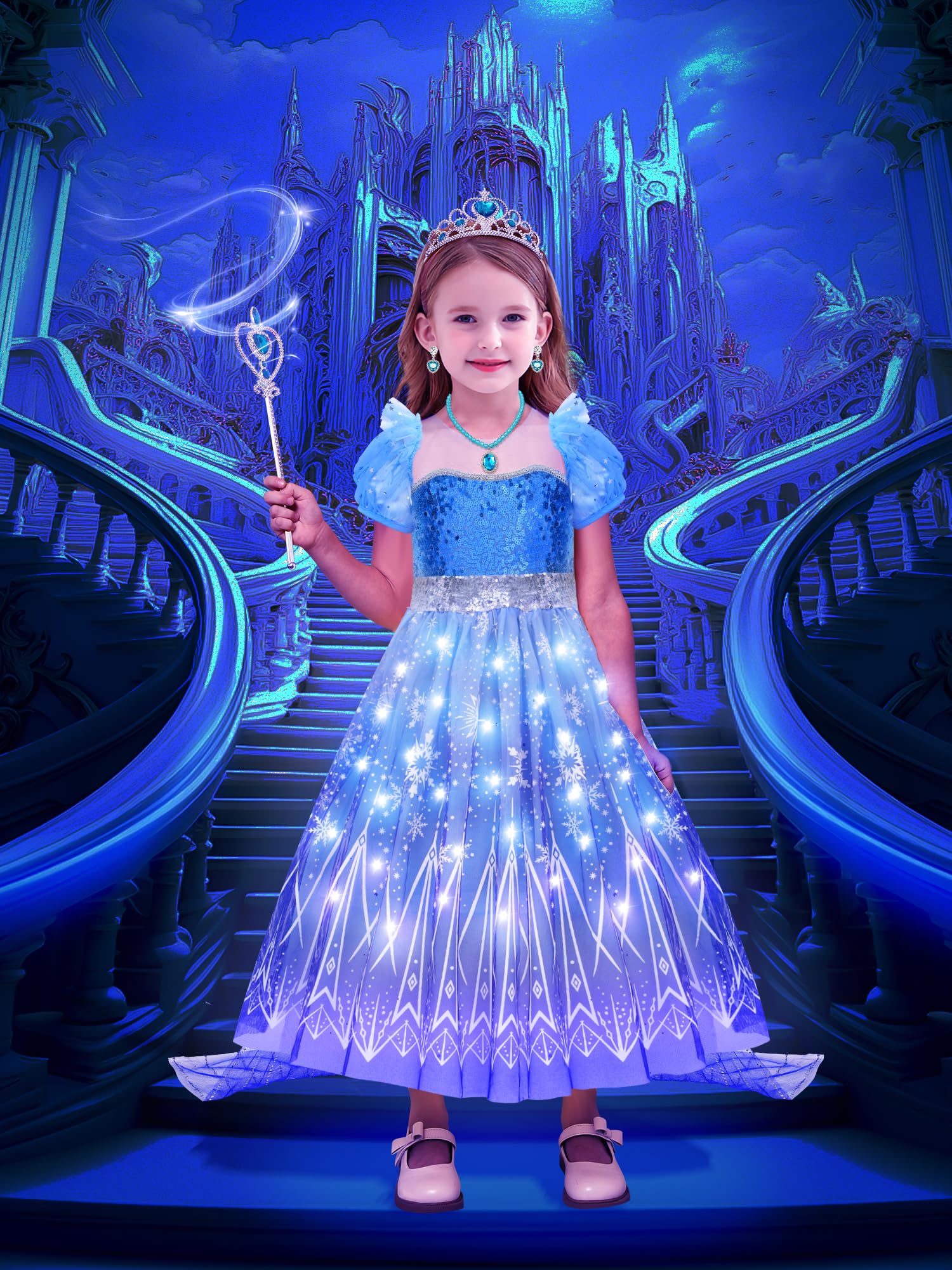 G.C Girls Light Up Elsa Costume Dress Princess Dress Up Clothes with Cape Toddler Kids Wig Crown Jewelry Halloween Cosplay Birthday Party Gifts