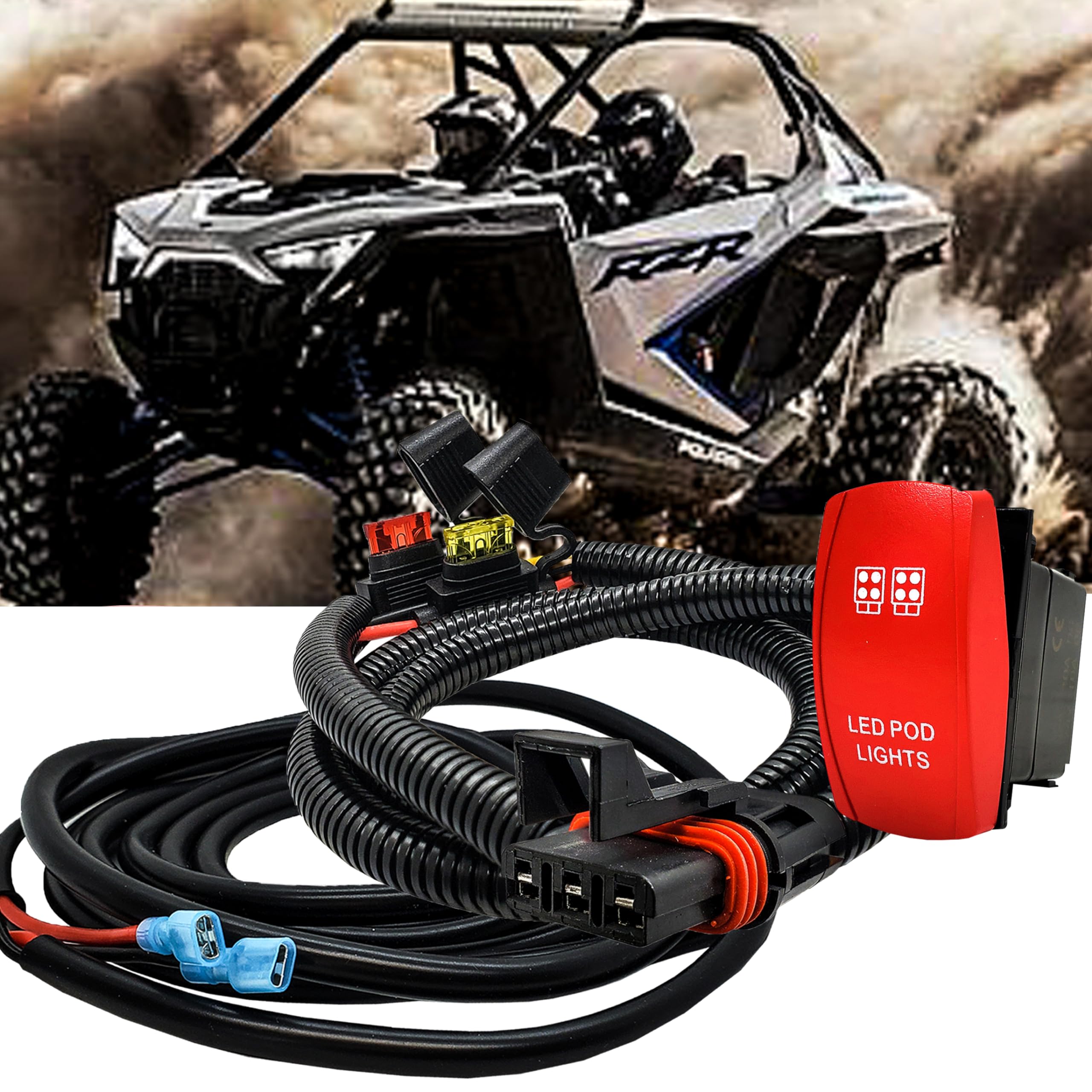 10' Pulse Power Busbar Plug Wire Harness with LED POD Lights On/Off Red Rocker Switch Compatible with Polaris Pulse Power Busbar RZR Trail S Pro Ranger Crew XP 2018-2023