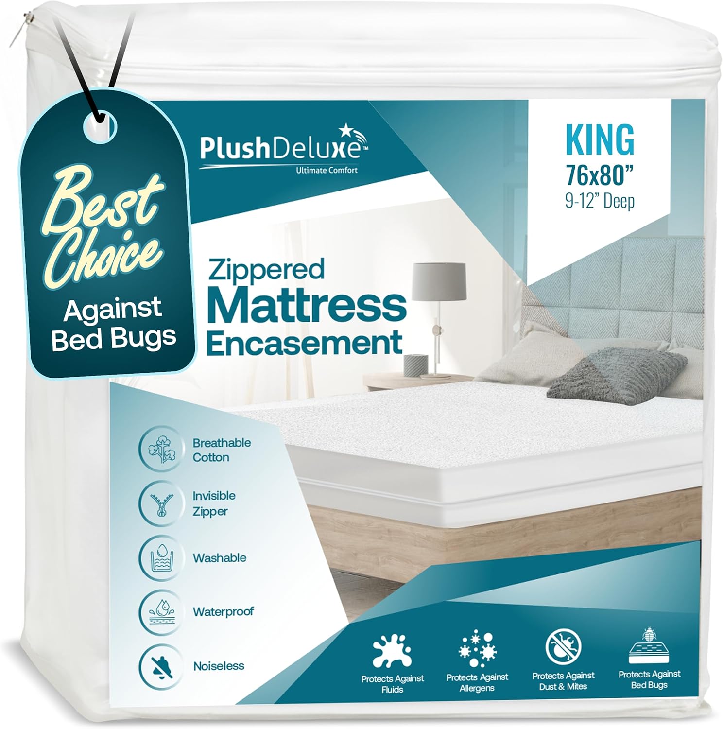 PlushDeluxe King Size Premium Mattress Encasement - Zippered Waterproof, Bedbug Proof Design, 6-Sided Protection - Hypoallergenic Cotton Terry Fabric 9-12" Depth 9"-12" Deep King - Image 1 of 7