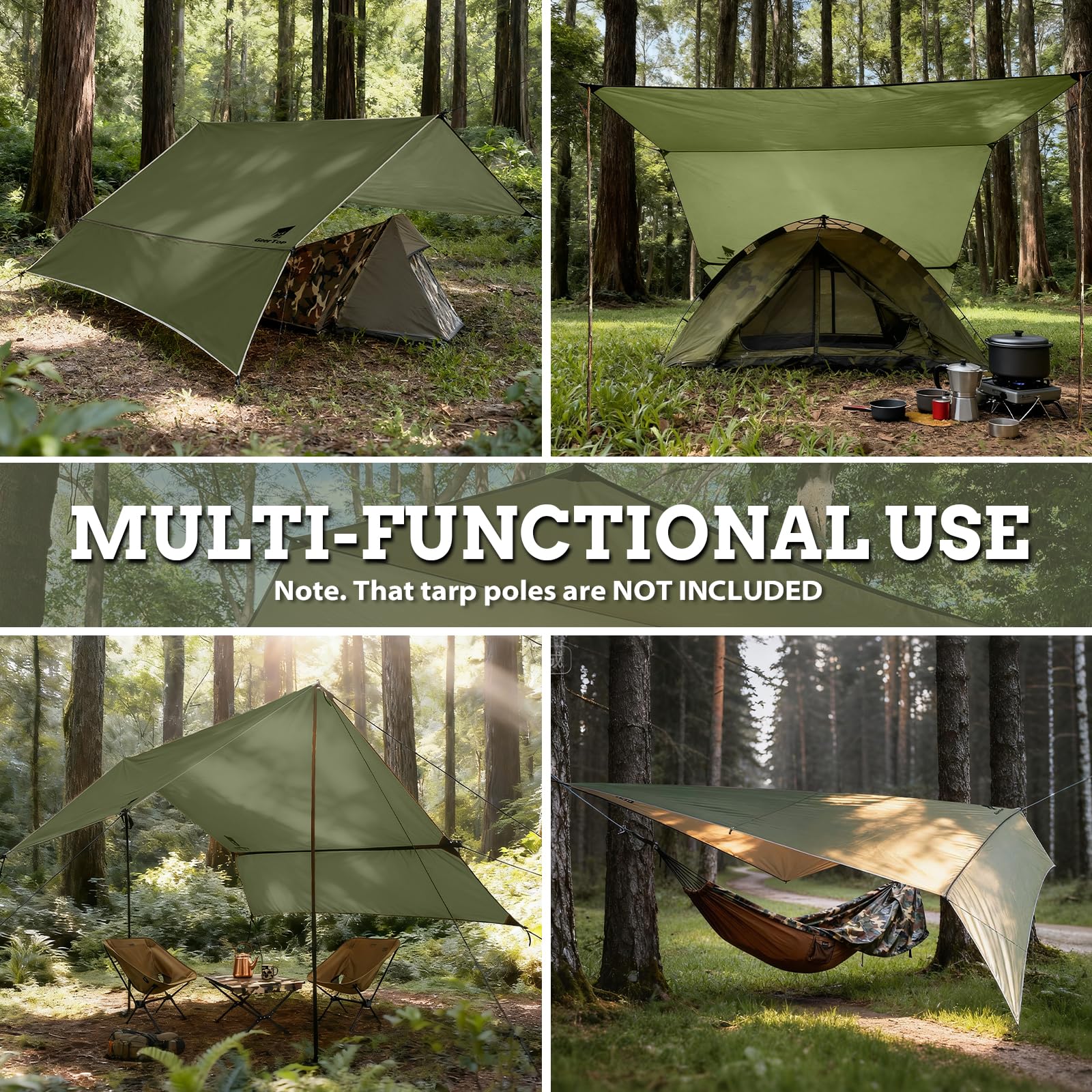 GEERTOP Tarp Wasserdicht, 3×3.6m Ultraleicht Camping Zeltplane, Anti-UV Schutz Sonnen & Regen & Schnee, Mit Ösen, Aluminiumstifte, Nylonseile, Leicht tragbar für Hängematte Camping Picknick Wandern