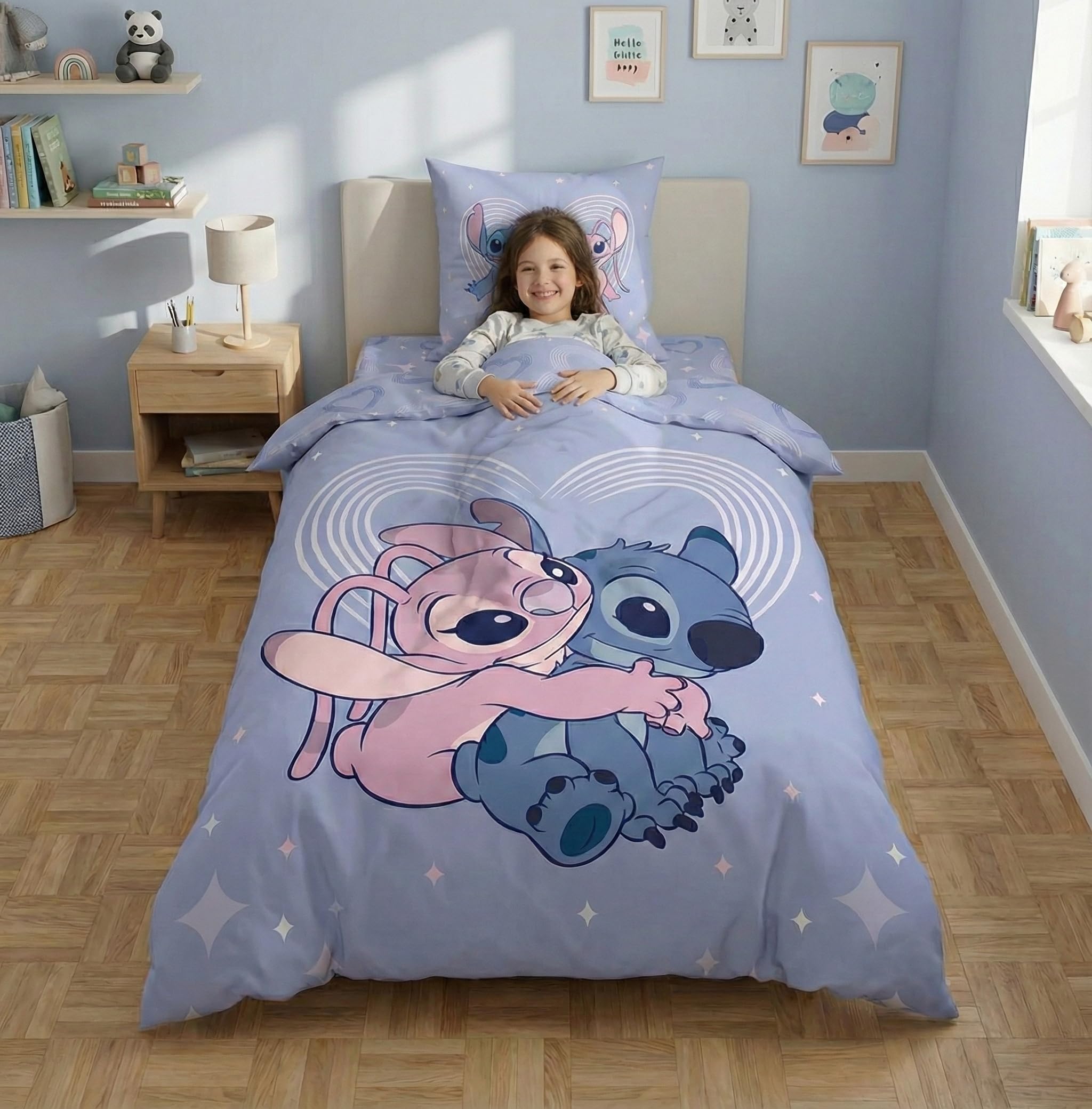 Stitch i Angel Pościel 140x200 + Poszewka 65x65 Polibawełna Oeko-Tex Disney | Odwracalna pościel jednoosobowa | Polibawełna Oeko-Tex szybkoschnąca | Disney | Nastolatki | Prezent | Do prania w pralce