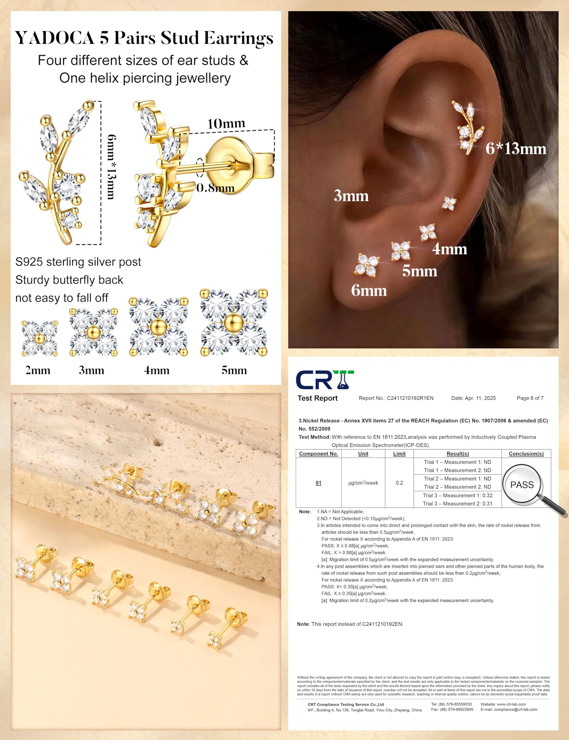 YADOCA 5 Paires Boucles d'Oreilles Femme, Boucles d'Oreilles Argent 925 | Hypoallergéniques Boucles d'Oreilles Or 14K Petit Fleur CZ, Piercing Oreille Cartilage Tragus Helix Piercing