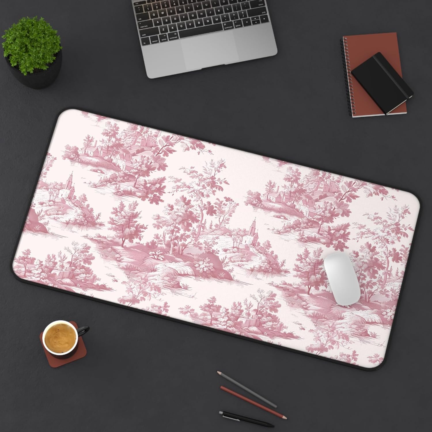 Pink Toile de Jouy Floral Desk Mat, Shabby Chic Home Office Decor, Preppy Pink Floral Large Mousepad, XL Desk Pad