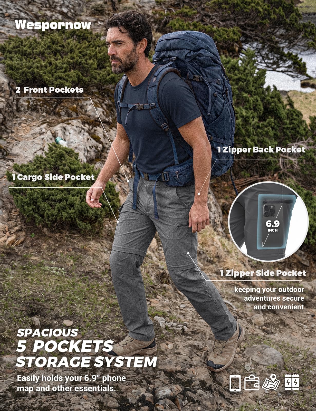Wespornow Pantaloni da Trekking con Zip da Uomo Pantaloni da Trekking Staccabili, Pantaloni da Esterno Traspiranti Funzionali Estivi ad Asciugatura Rapida con 5 Tasche