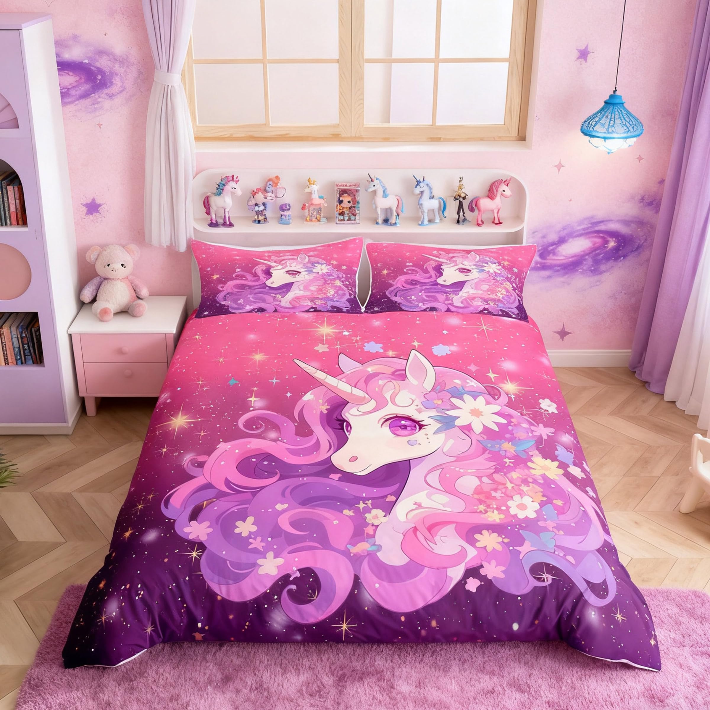Homemissing Cute Pink Unicorn Bed Linen Set 135 x 200 cm Girls Dreamy Horse Beds for Children Unicorn Floral Glitter Duvet Cover Room Decor Bedding Set Soft-image-3