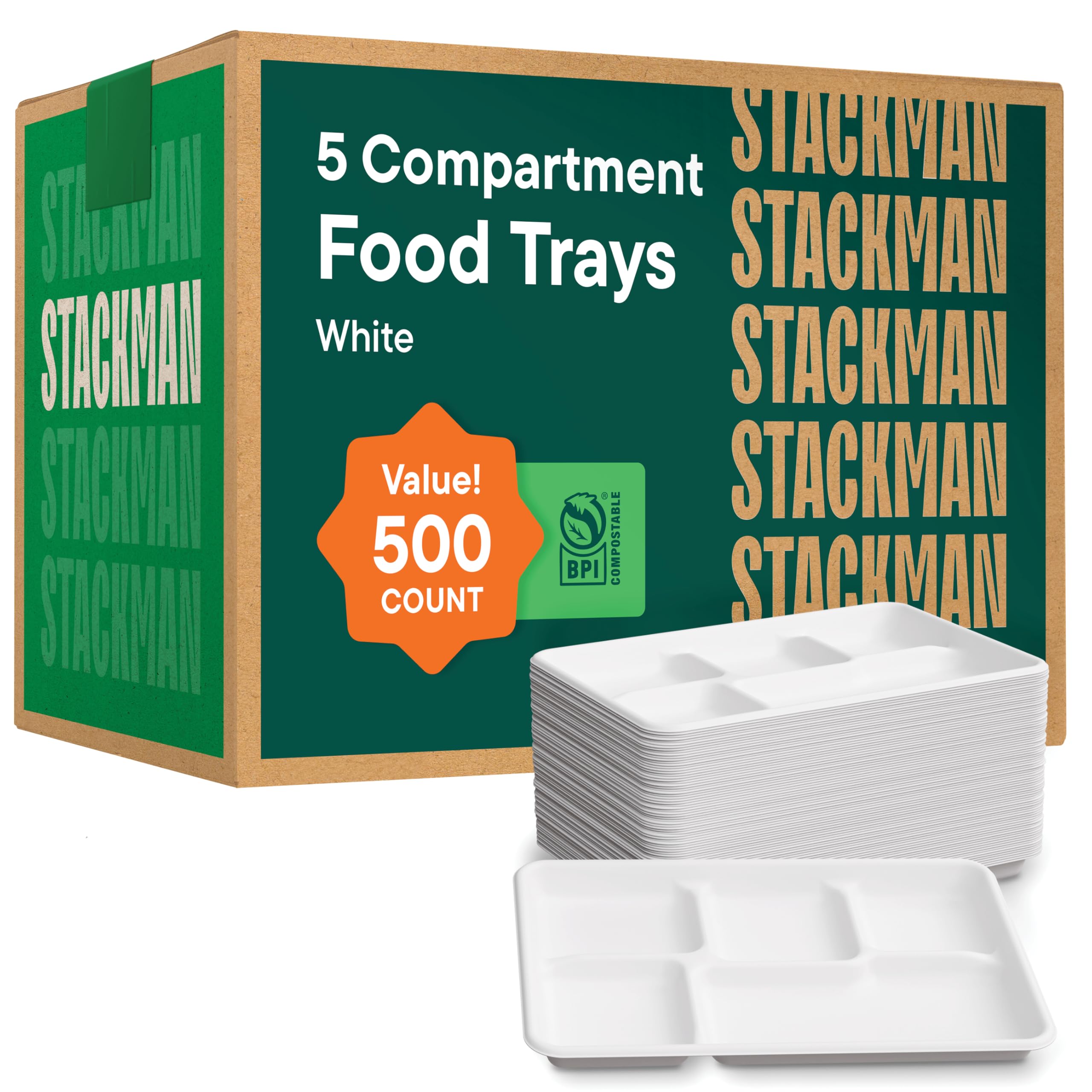 [Case - 500-Pack] 100% Compostable Paper Plates with 5 Compartments Disposable - School Lunch Tray Natural White - Heavy Duty Quality Disposable Tray