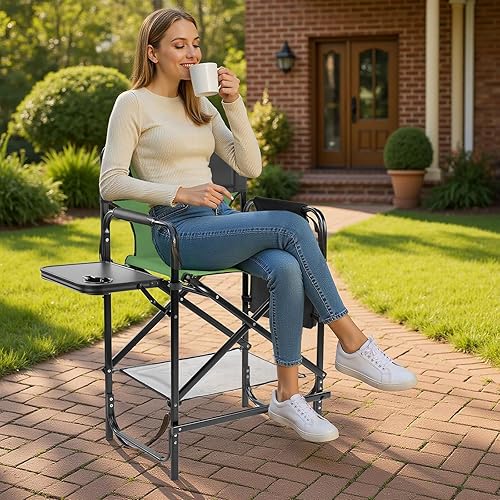 Miniatura 2 de 26'' Tall Directors Chair,Portable Seat Folding Camping Chair, High Foldable Bar Stool with Built-in Cup Holder, Side Table, Storage Pocket, for