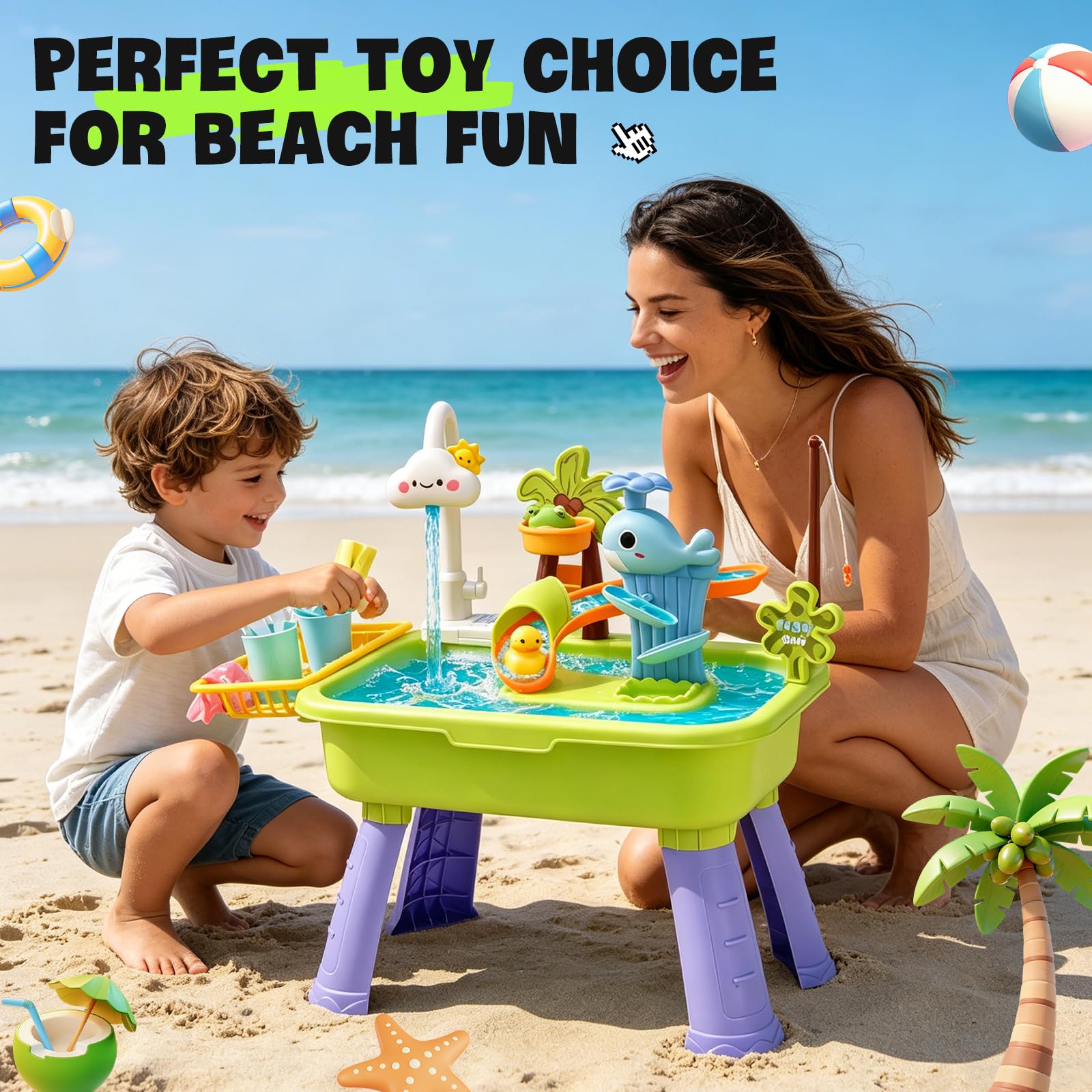 Table de Jeu 4-en-1 pour Enfants avec Pompe, Table d‘Eau avec Évier, Jeu de Pêche et Toboggan Aquatique, Table d’activité Sensorielle pour Enfants de 3 Ans et Plus