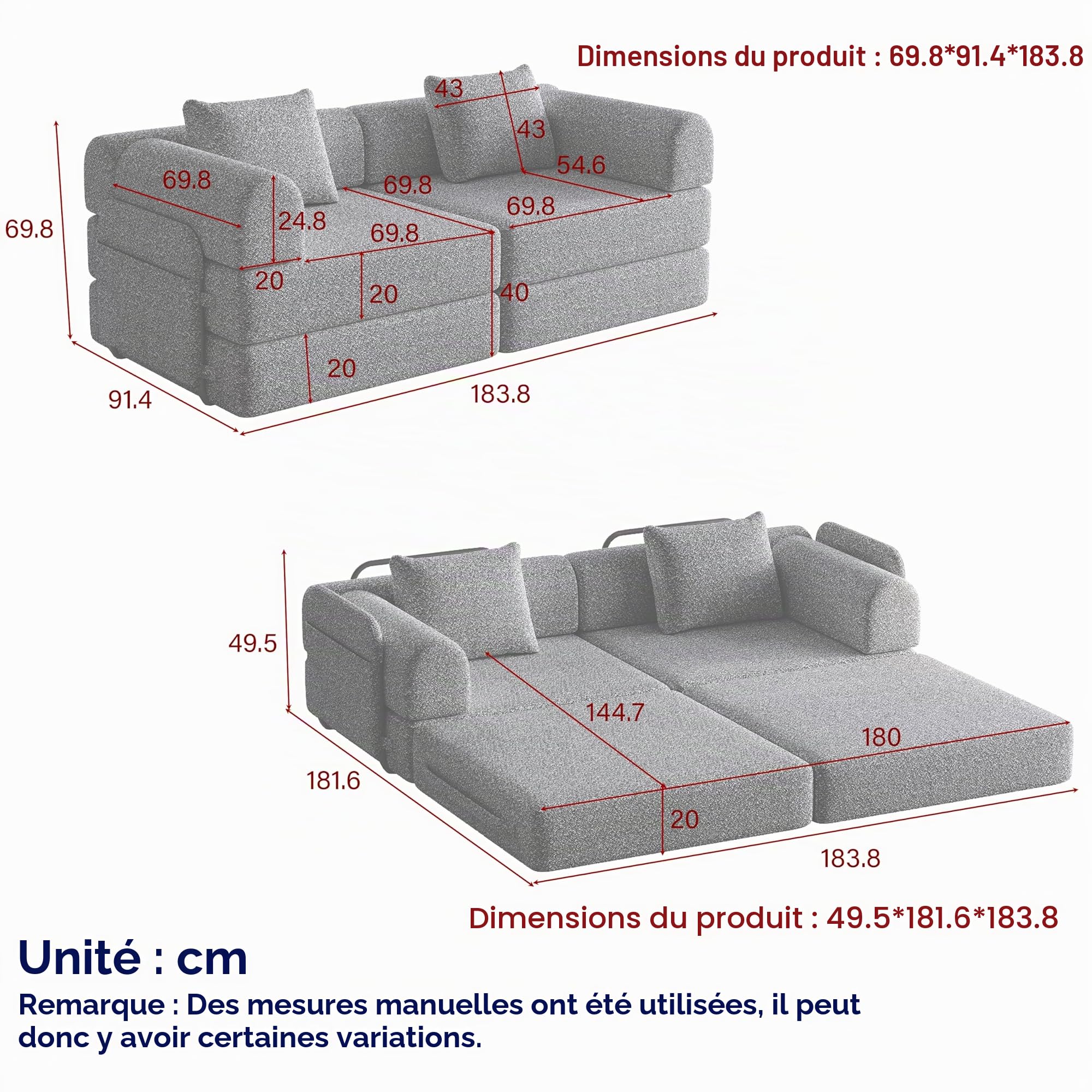 Canapé Convertible 2 Places 2-en-1 en Velours Chenille avec Rangement, Configuration Modulable Canapé Lit pour Salon