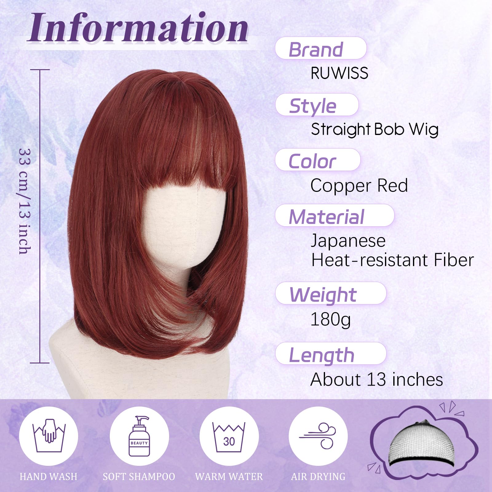 RUWISS Rouge Cuivré Perruque Courte Droite avec Frange, 35 cm Bob Layered Perruques pour Femme Classique Bob Synthétiques Résistantes pour Usageet Quotidien et Cosplay