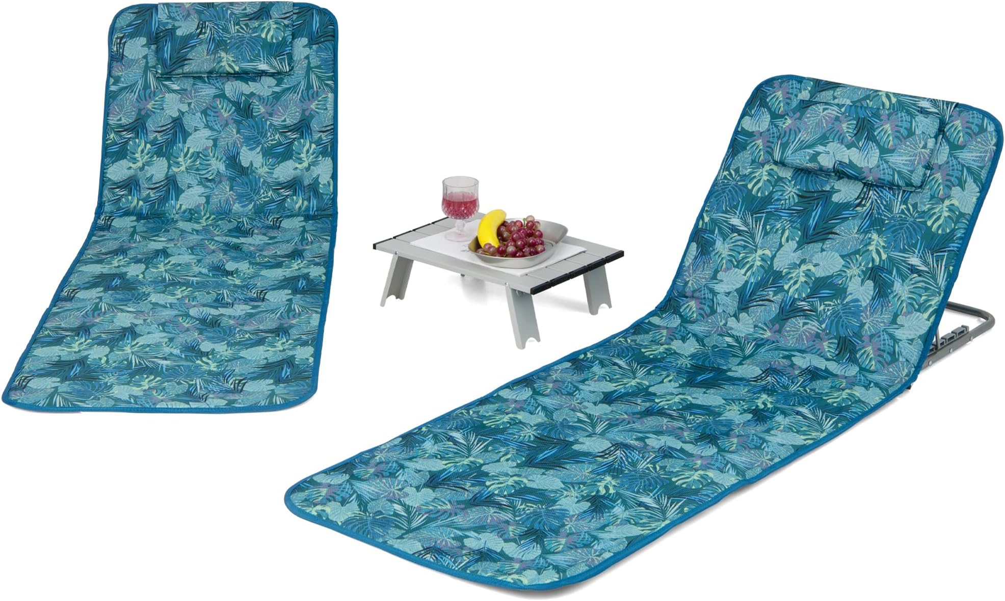 Nightcore 3-Piece Beach Chairs Set for Adults, Adjustable Lawn Chair with Side Table for Outdoor Relaxing & Sun Tanning, Portable & Folding Recline Chaise Lounge for Beach, Patio, Camping (Teal)