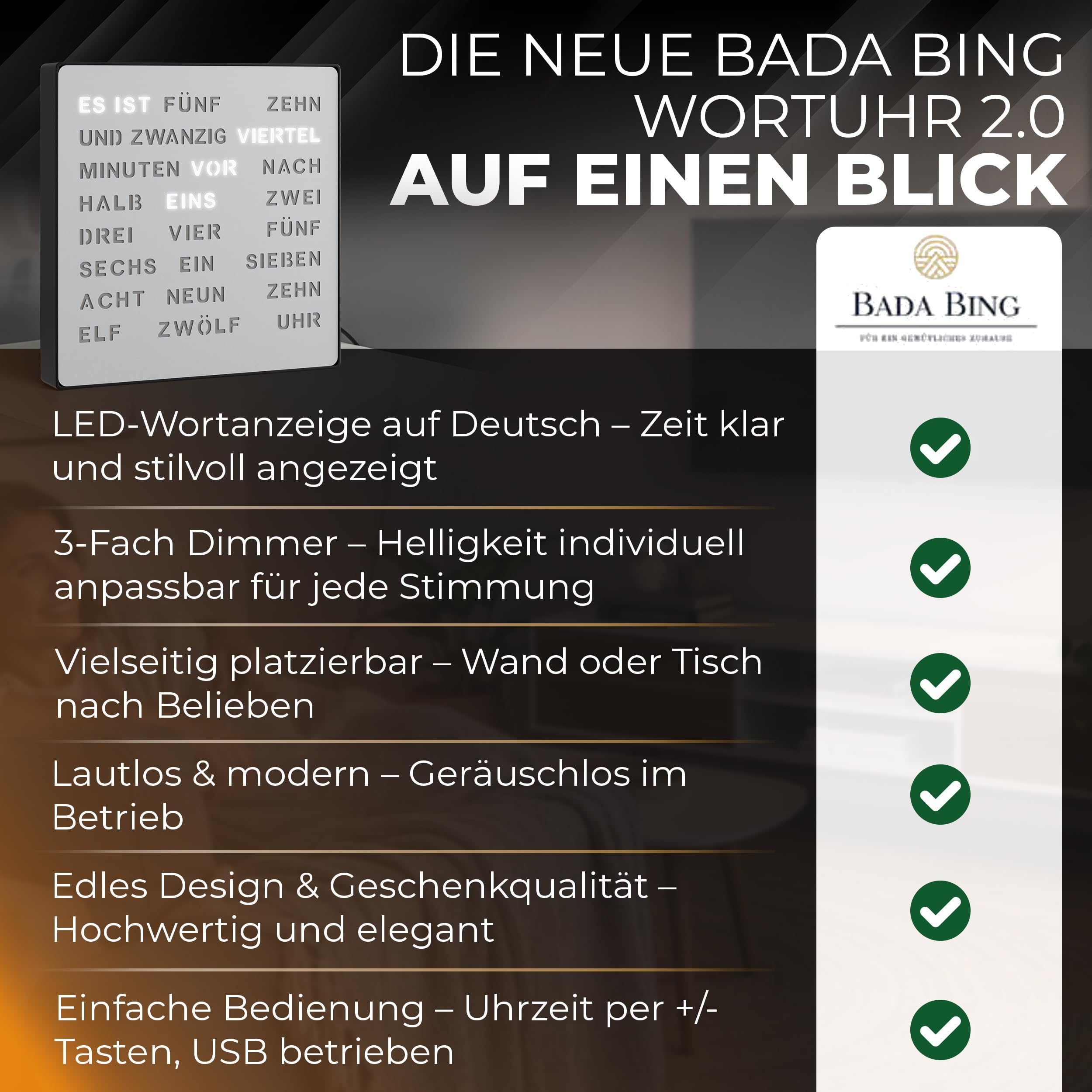 Bada Bing LED Wortuhr Silber mit Deutscher Wort Anzeige - edle Metall Uhr mit USB Kabel Wanduhr modern - Tischuhr hochwertig lautlos zum Aufstellen/Aufhängen - Deko Geschenk Männer Geburtstag Büro