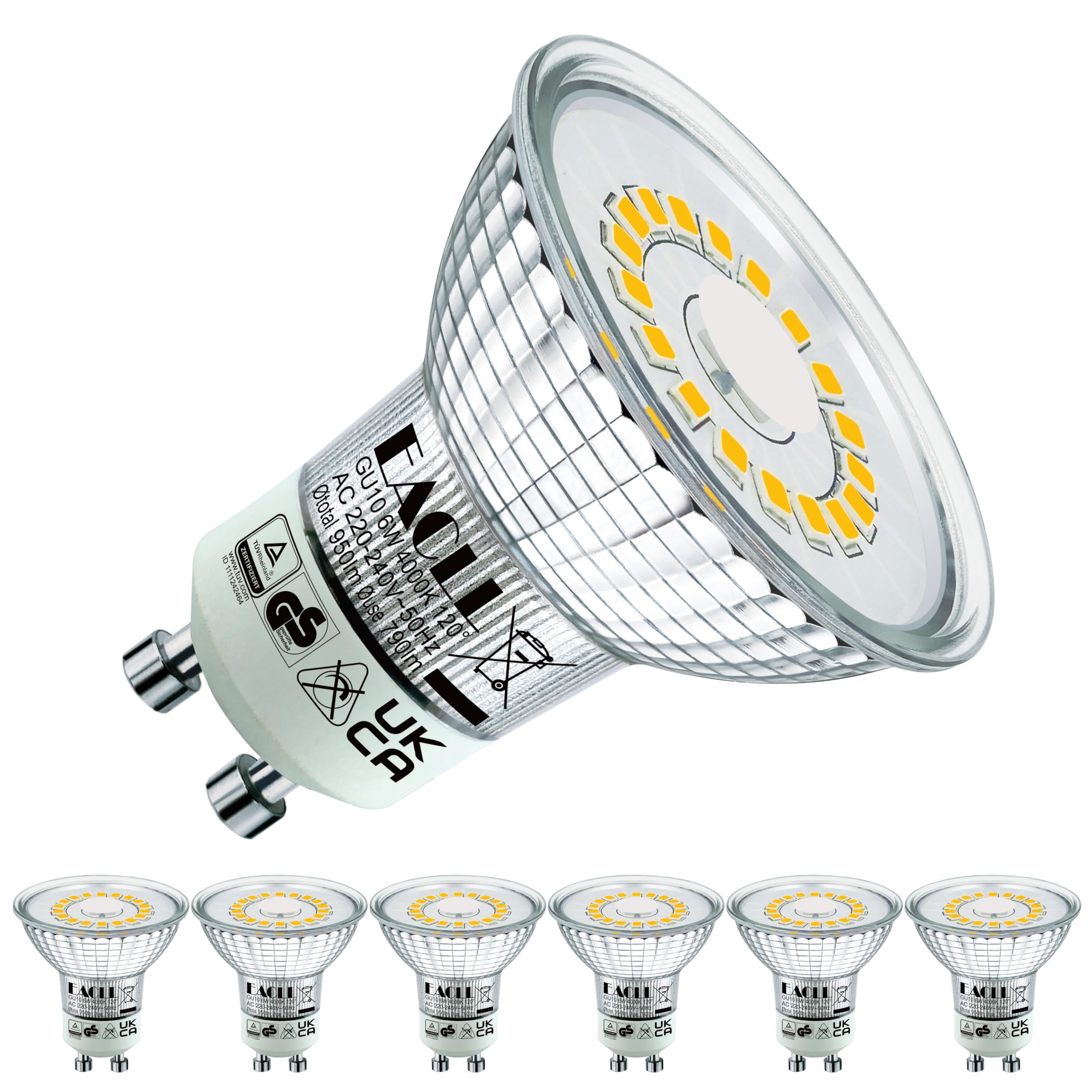 EACLL GU10 LED Bulbs Neutral White, 6W Halogen Equivalent 90W, Pack of 6, 4000K 790 Lumens Non-Dimmable, Flicker-Free Illumination, Wide Beam 120° Spotlight, AC 230V Reflector Lamp