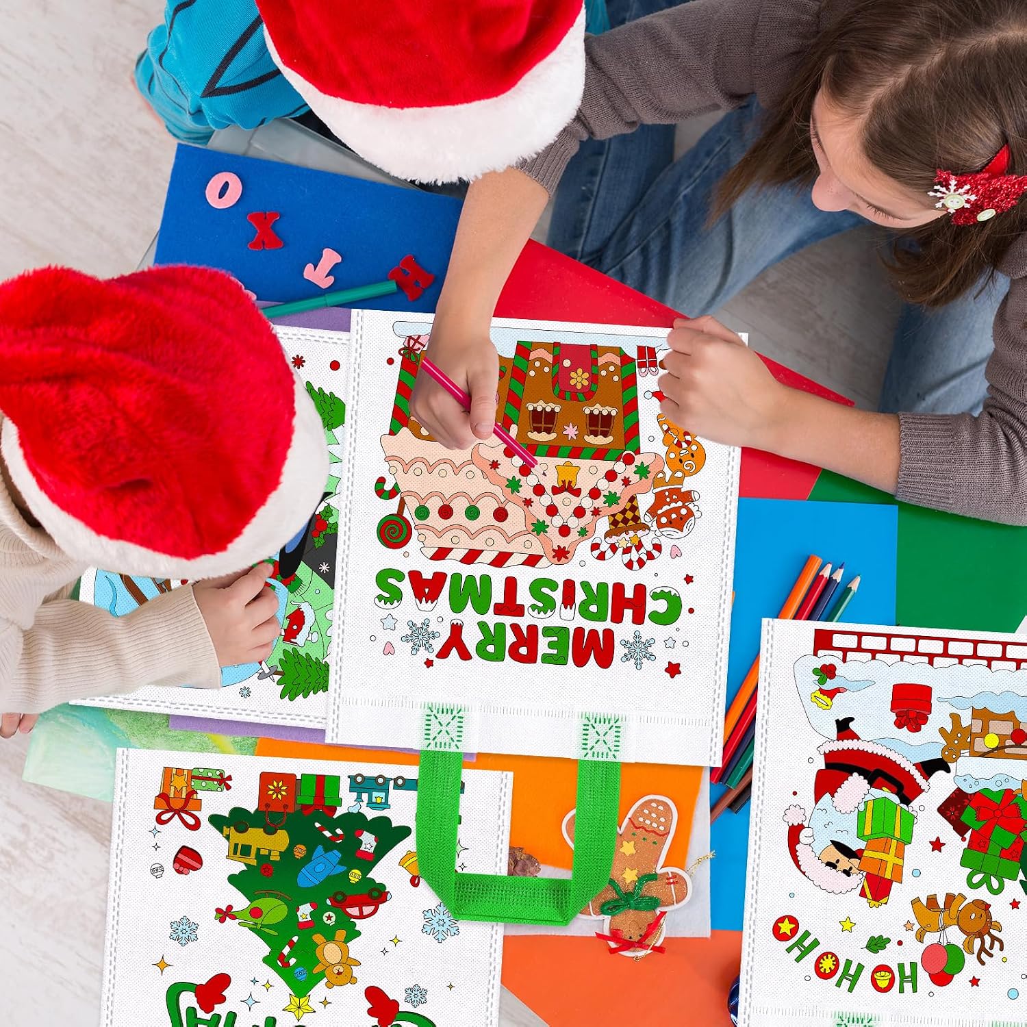HOWAF 12pcs Christmas Color Your Own Bag, Christmas Coloring Goodie Bags for Kids with Markers, Xmas Reusable Party Favor Bags for Holiday DIY Painting, Santa Snowman Elk Coloring Bag