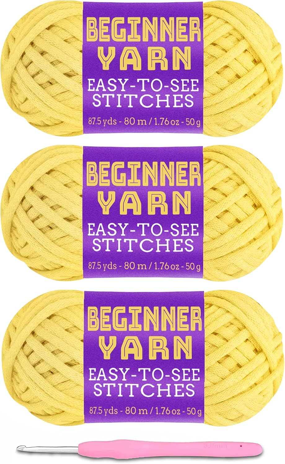 3x50g Beginners Light Yellow Yarn, 260 Yards Light Yellow