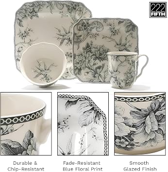 222 Fifth Adelaide Grey 16-Piece Floral Porcelain Dinnerware Set | Microwave and Dishwasher Safe Dining Set for 4 | Stackable and Chip-Resistant Plates Bowls and Cups | Gift for Housewarming & Wedding