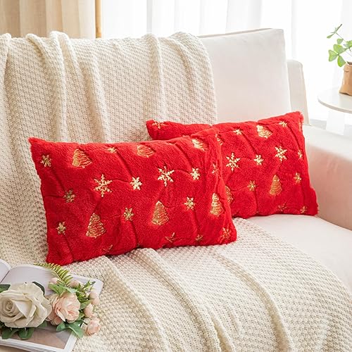 SHITURRE Juego de 2 fundas de almohada decorativas de Navidad rojas de 12 x 20 pulgadas, fundas de cojín lumbares de piel sintética para sofá, sala