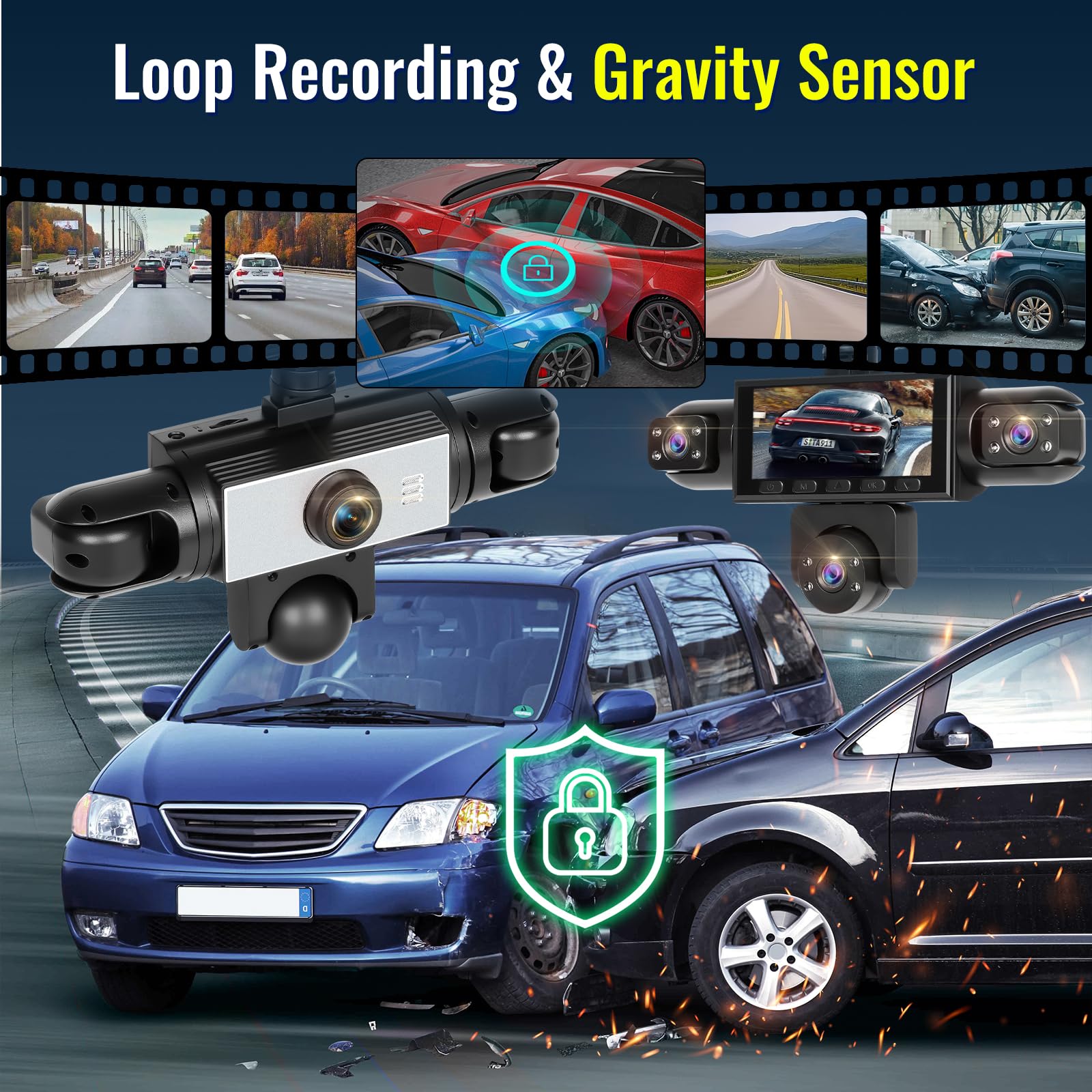 Dash Cam Auto 5 Canali 1080P Fronte Retro e Interno, Schermo IPS da 3,16" | Telecamera da Cruscotto Auto 360 Gradi, Monitoraggio Parcheggio 24 Ore, G-Sensor, Registrazione in Loop, Facile Installazione