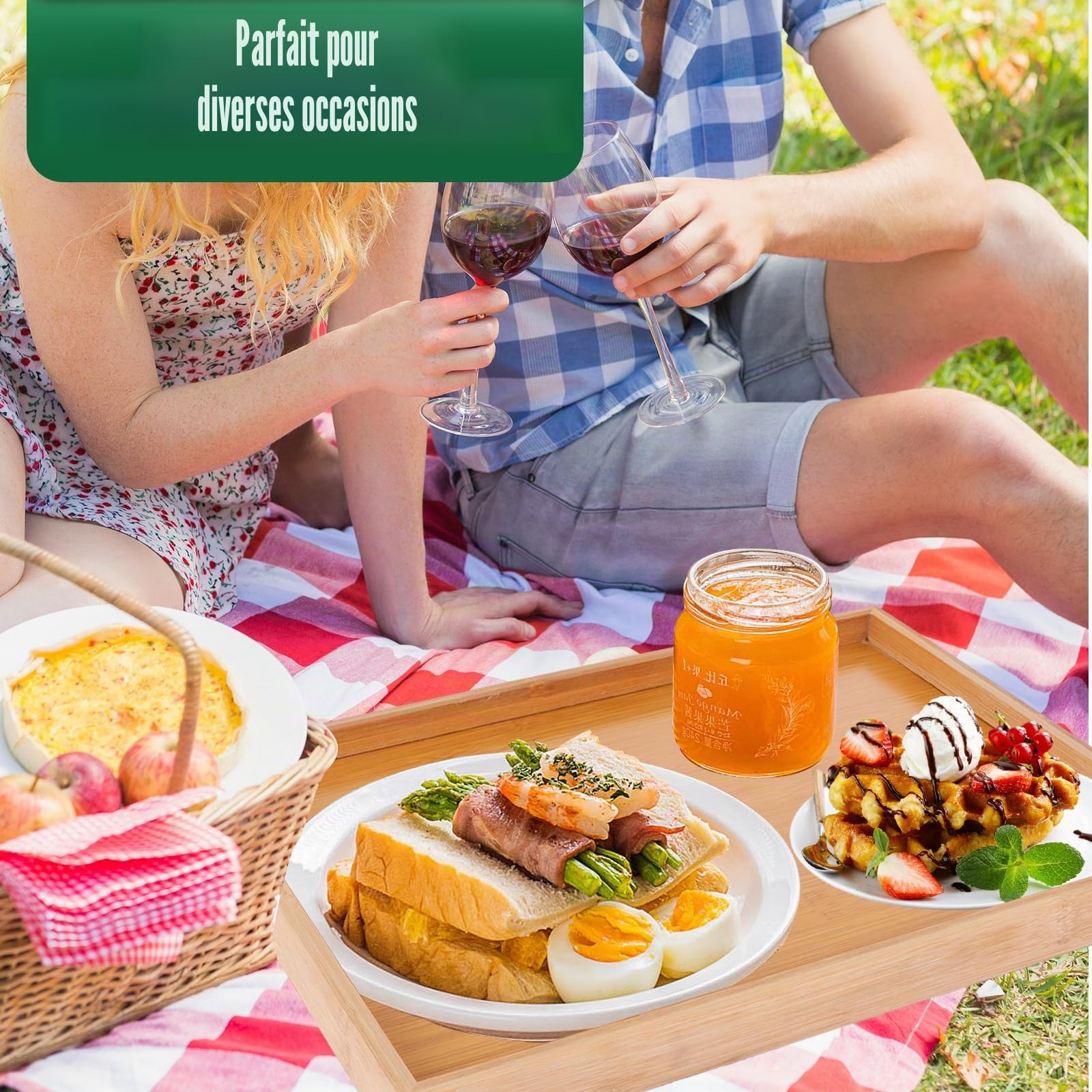 MIVIDE Lot de 4 Plateaux de Service Rectangulaires en Bois de Bambou 37 x 26 x 2.5 cm - Plateau Repas Bois, Plateau Service pour Petit Déjeuner, Thé, Table Basse, Boissons