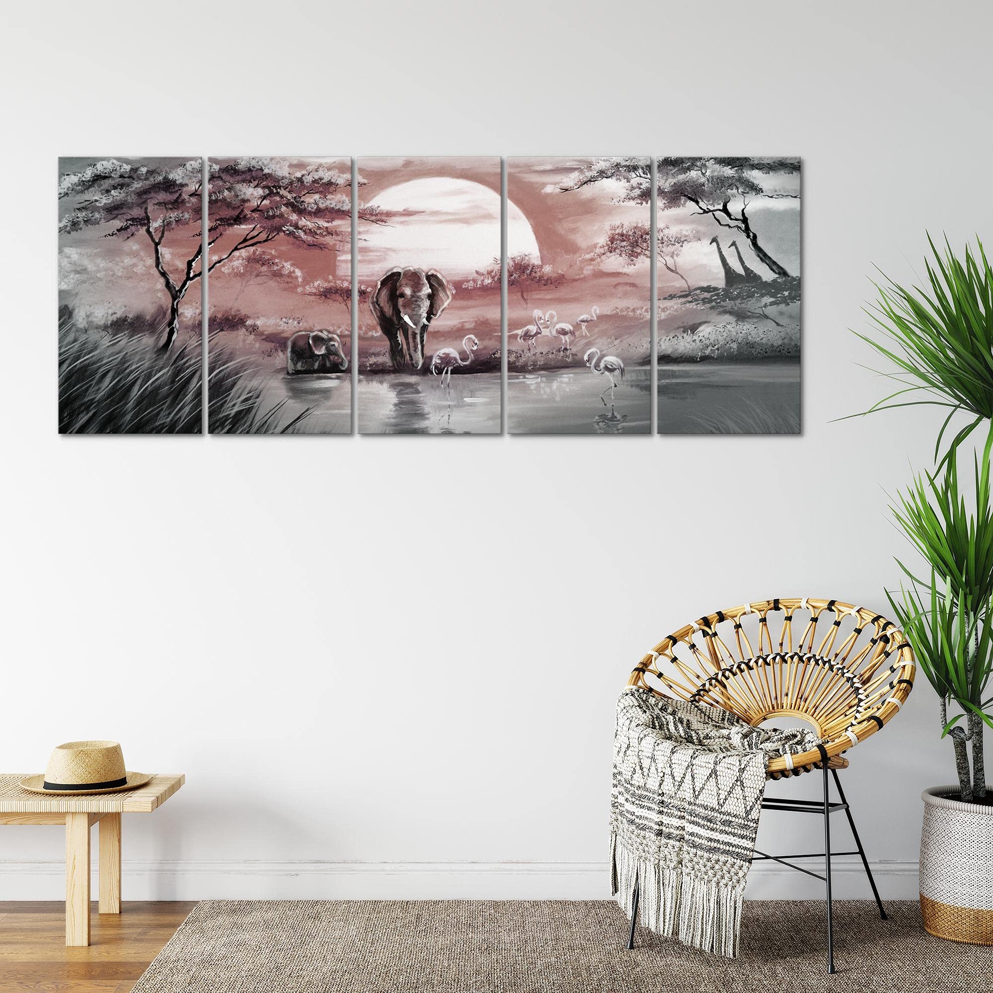 Runa Art Murali XXL Africa Elefante 200 x 80 cm Rosa Grigio 5 Pezzi - Made in Germany - 001155c