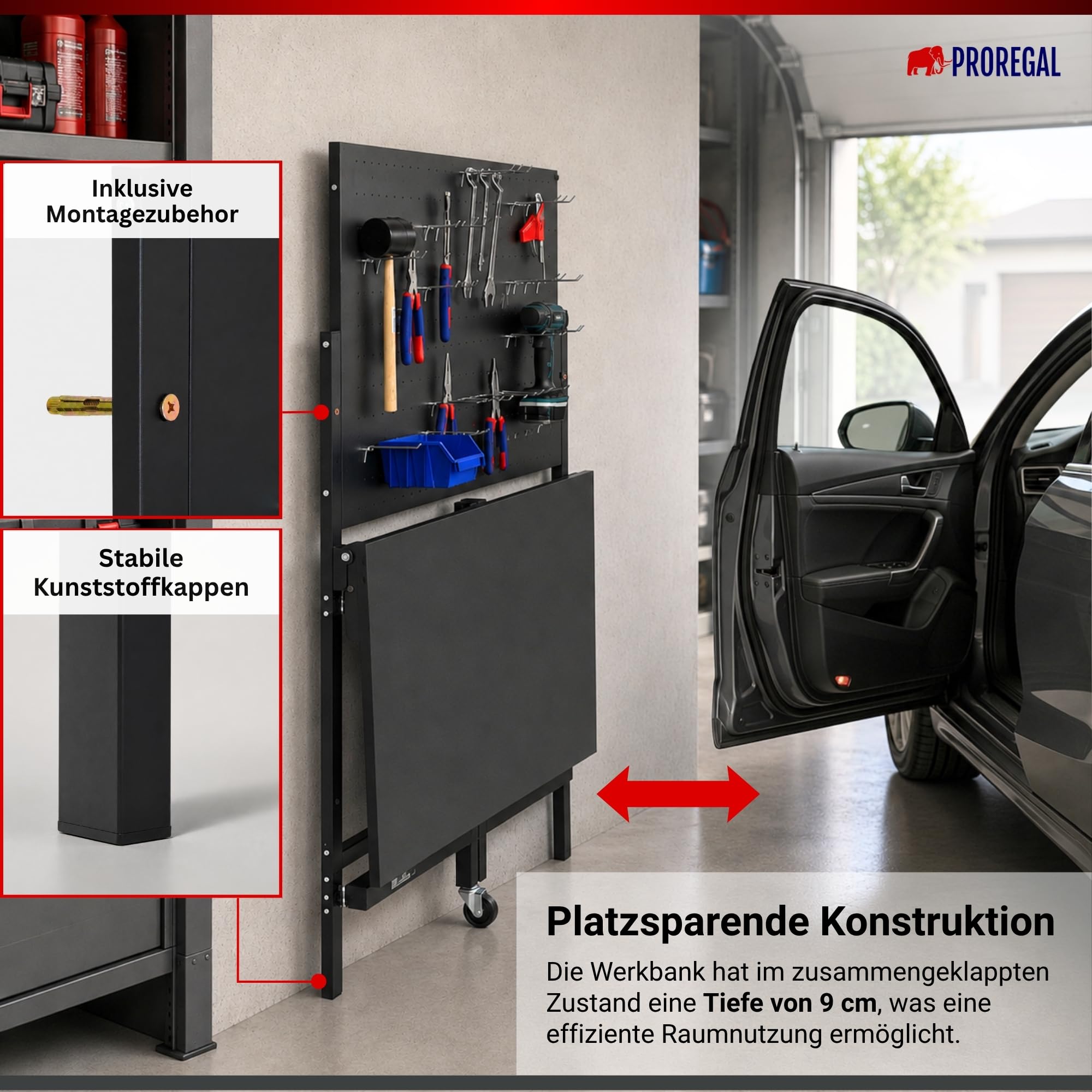 PROREGAL Werkbank klappbar für Wandmontage Titan mit Werkzeug Lochwand für Werkstatt 144x115x63cm Fachlast 55kg inkl. 30-teiligem Hakenset Schwarz Werktisch für Enge Räume mit Lochplatte Werkzeugwand